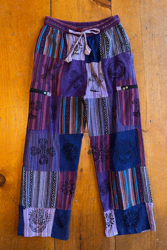 Purple Cargo Trousers w/ Block Print Design