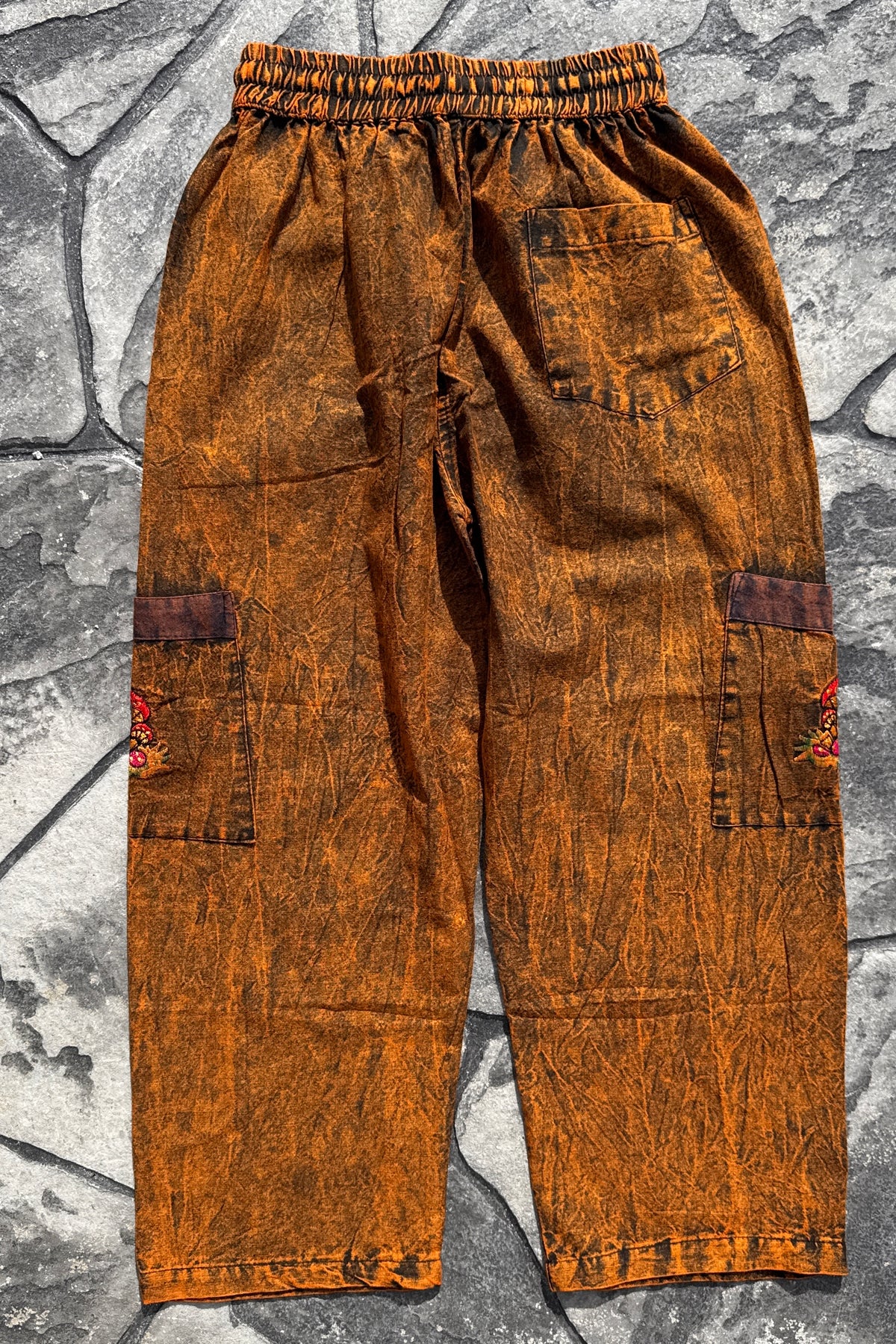 Straight Leg Cut Embroidered Mushroom Cargo Pocket Pants in Brown