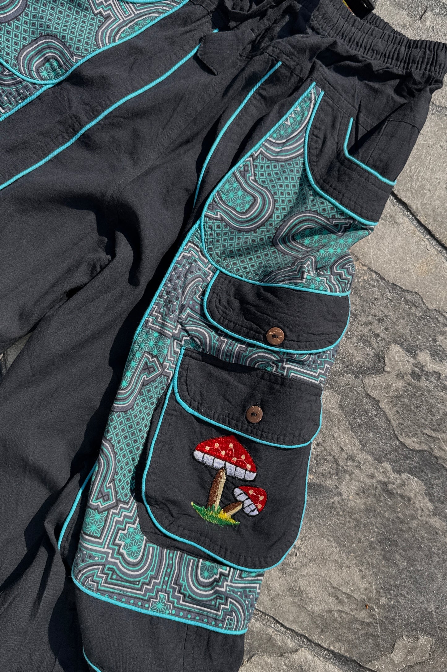 Mushroom & Sun / Moon Embroidered Detail Pocket Baggy Pants
