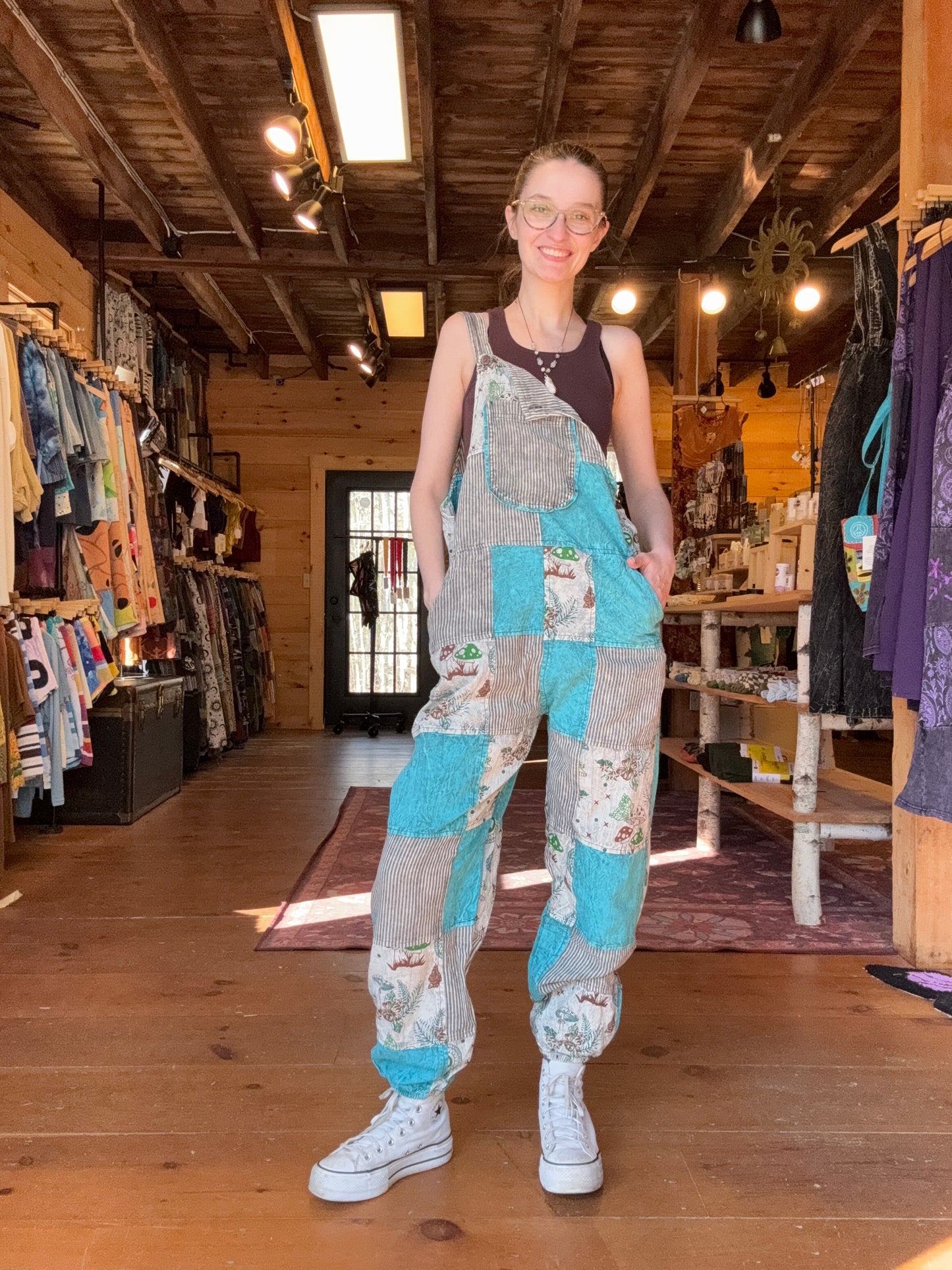 Blue and Stripe Patchwork Overalls w/ Mushrooms