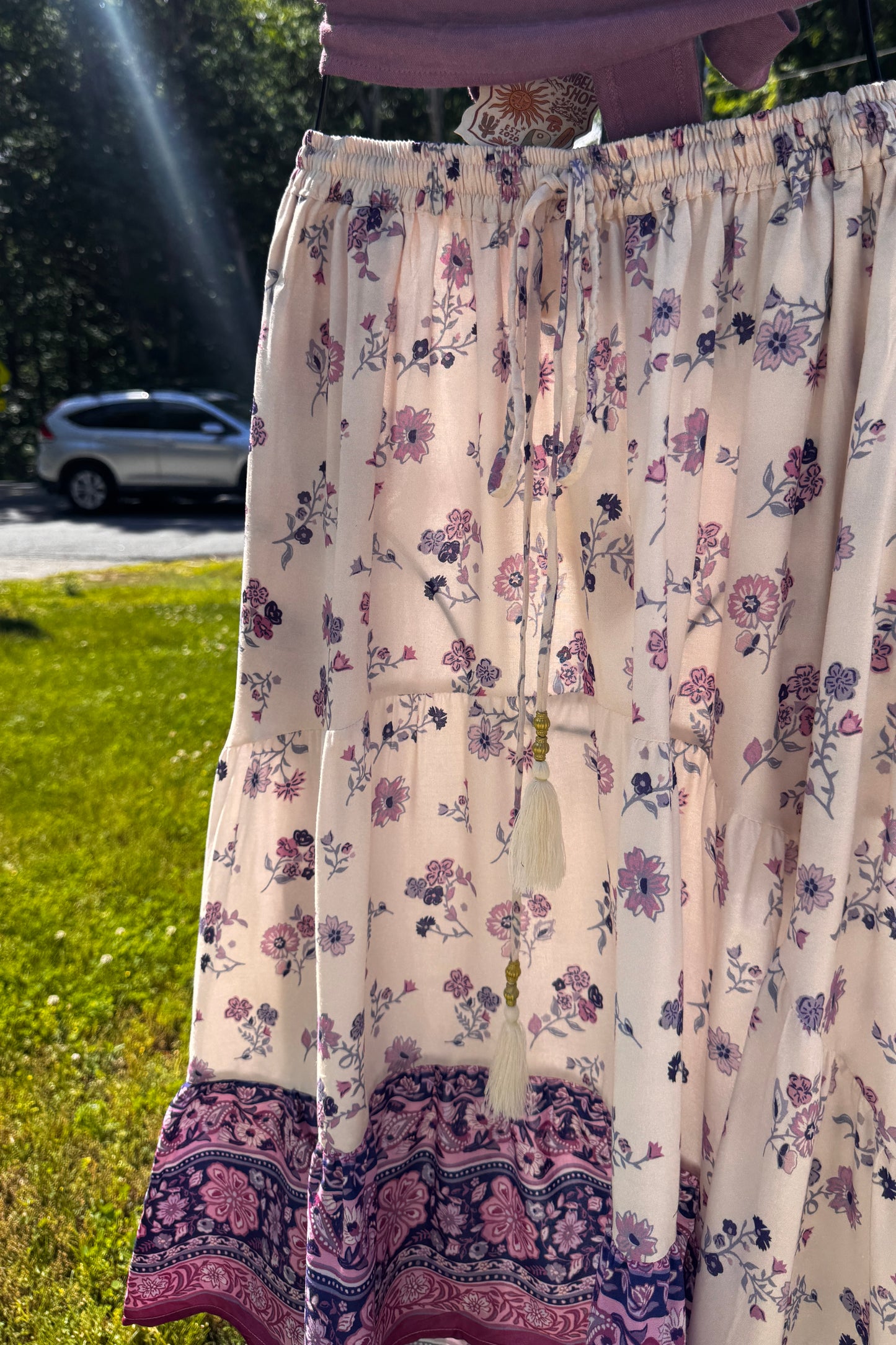 Purple Petal Print High-Low Skirt w/ Waist Tie