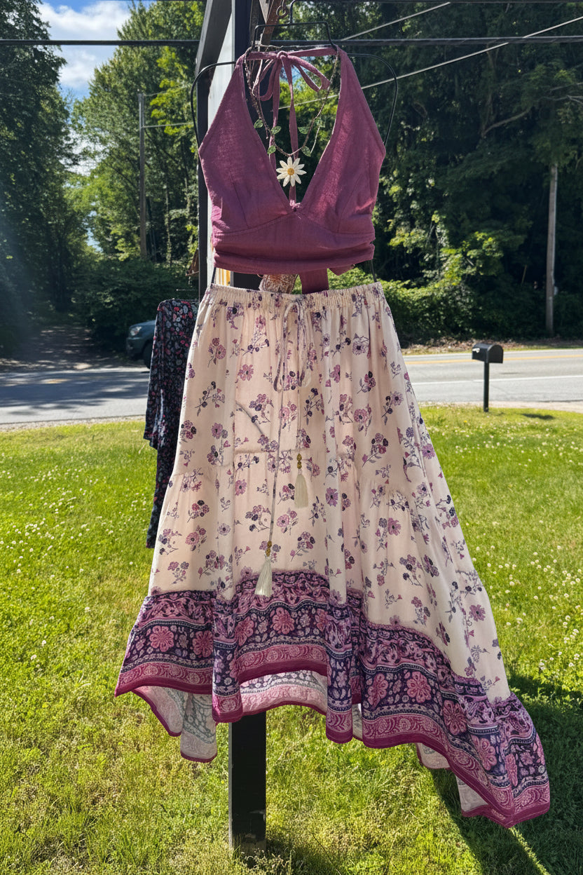 Purple Petal Print High-Low Skirt w/ Waist Tie