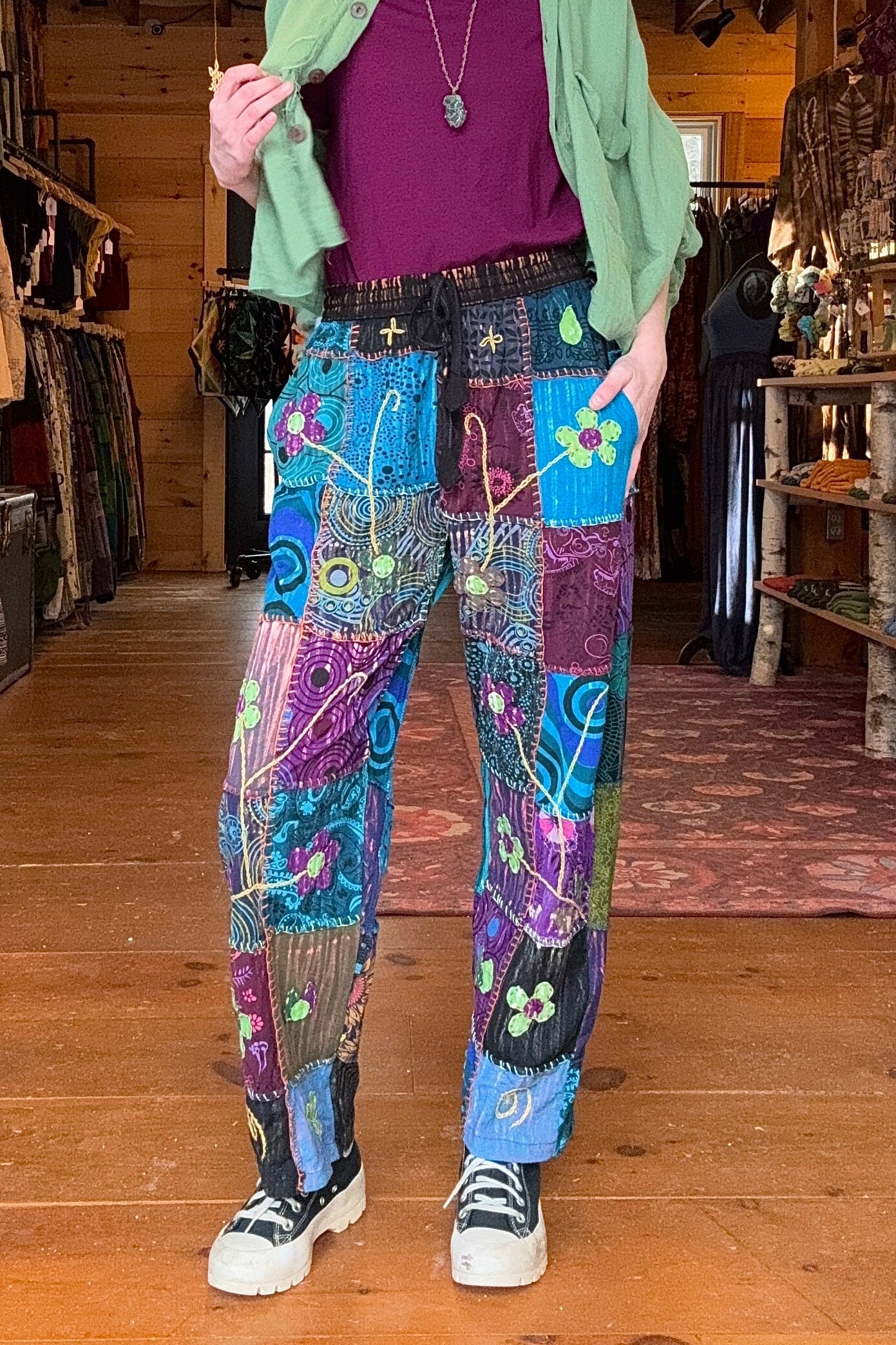 Flower Embroidered Patchwork Trousers