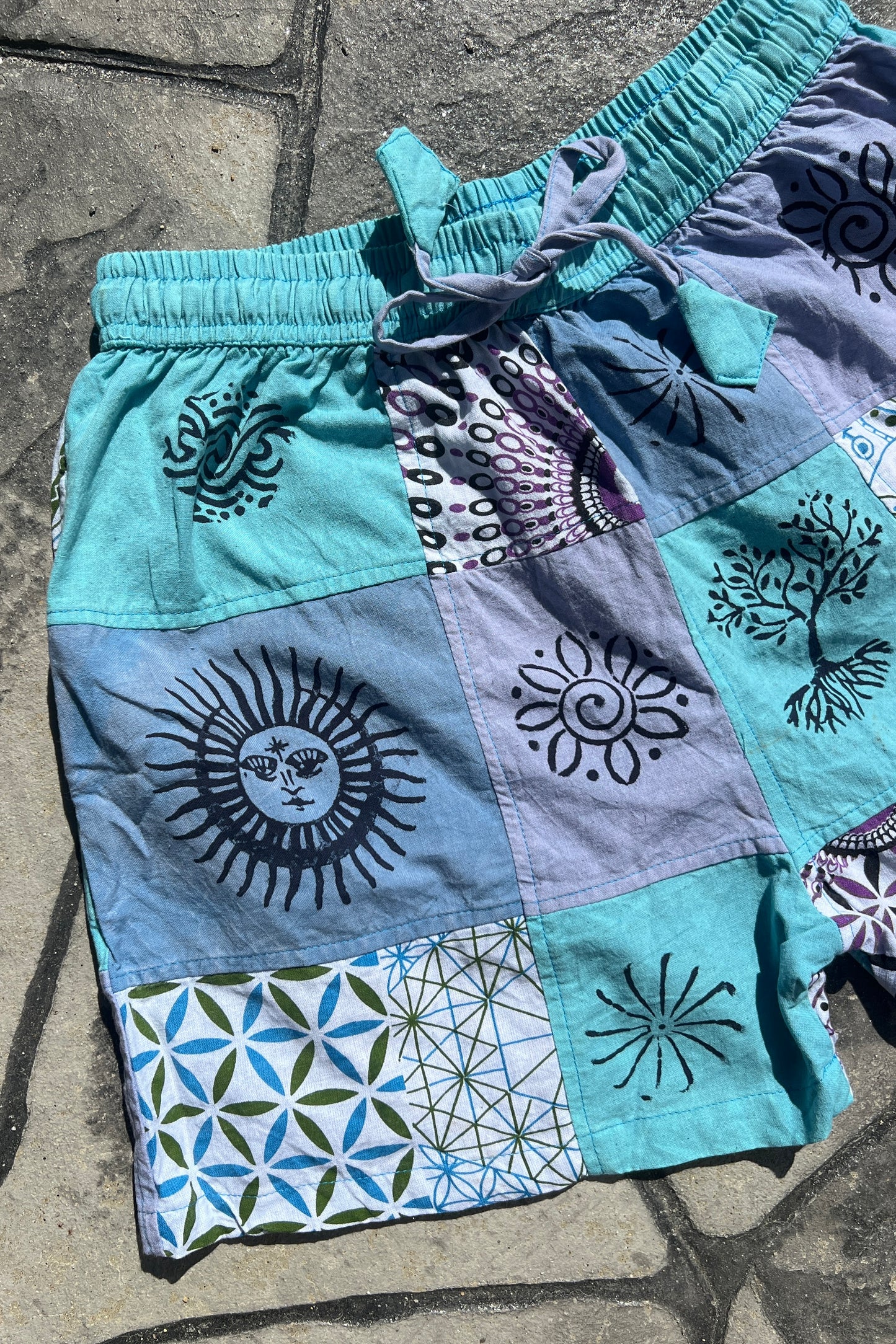 Blue Patchwork Block Print Shorts
