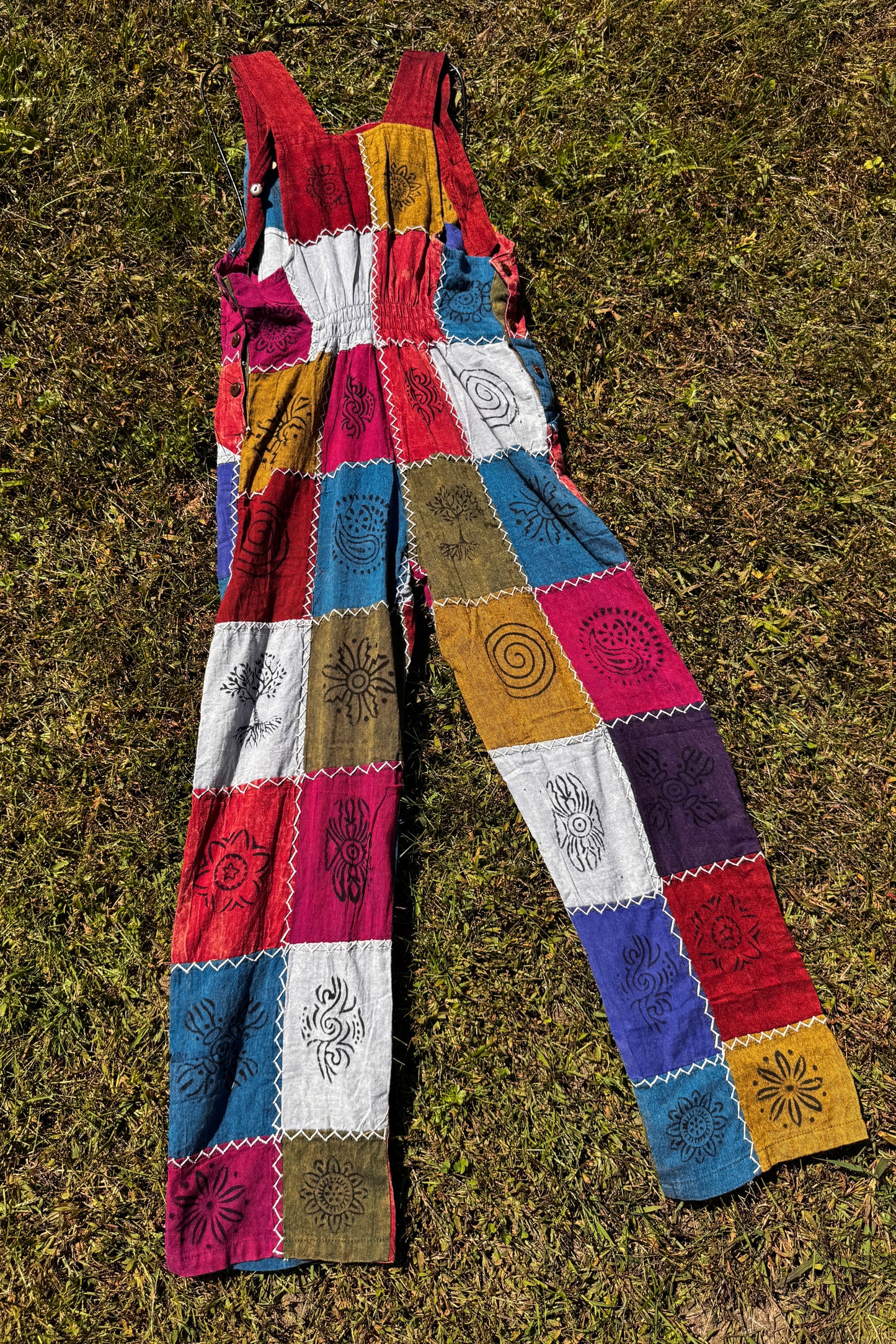 Boho Patchwork Overalls w/ White Stitching