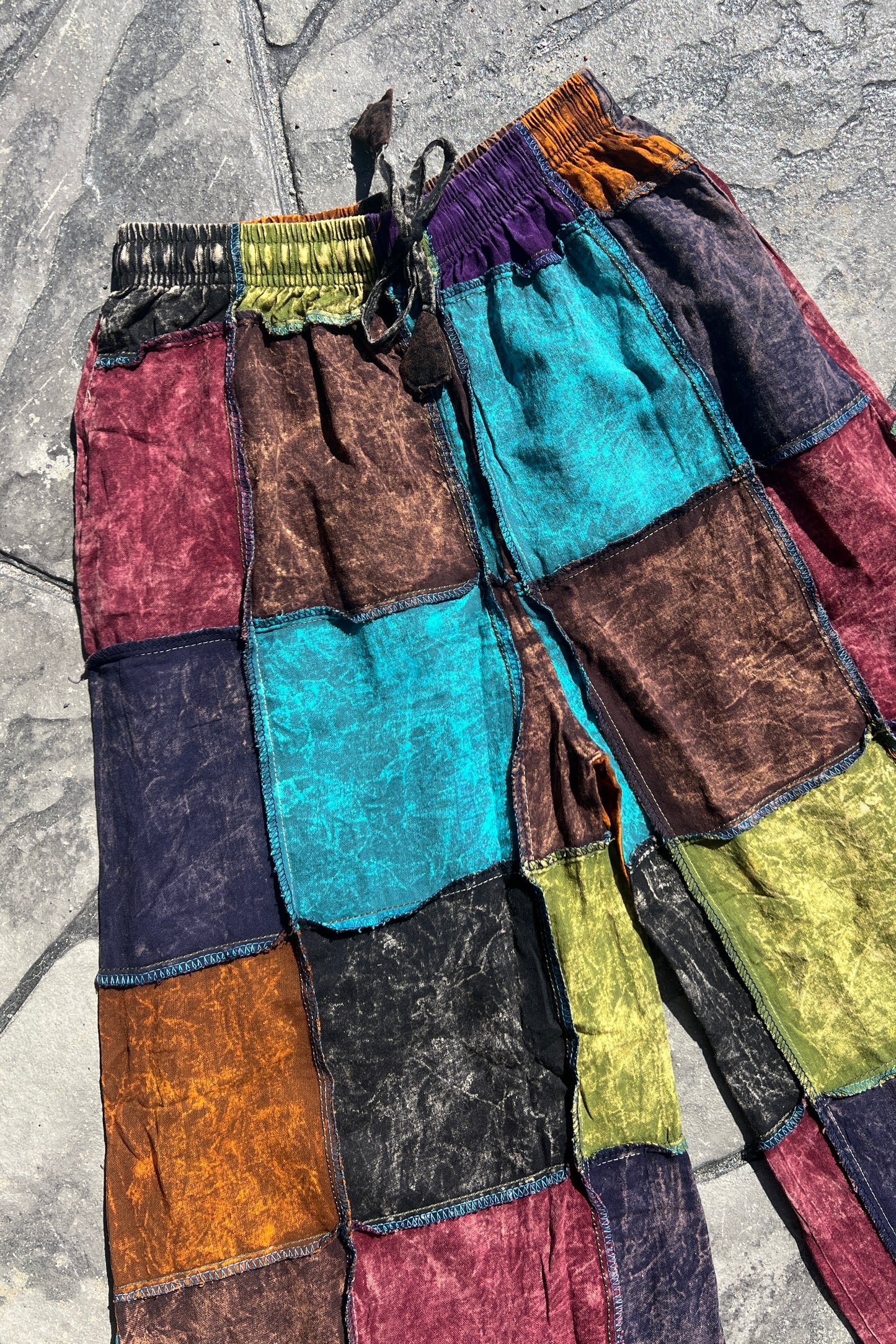 Multi-Color Patchwork Stonewash Wide Leg Pant
