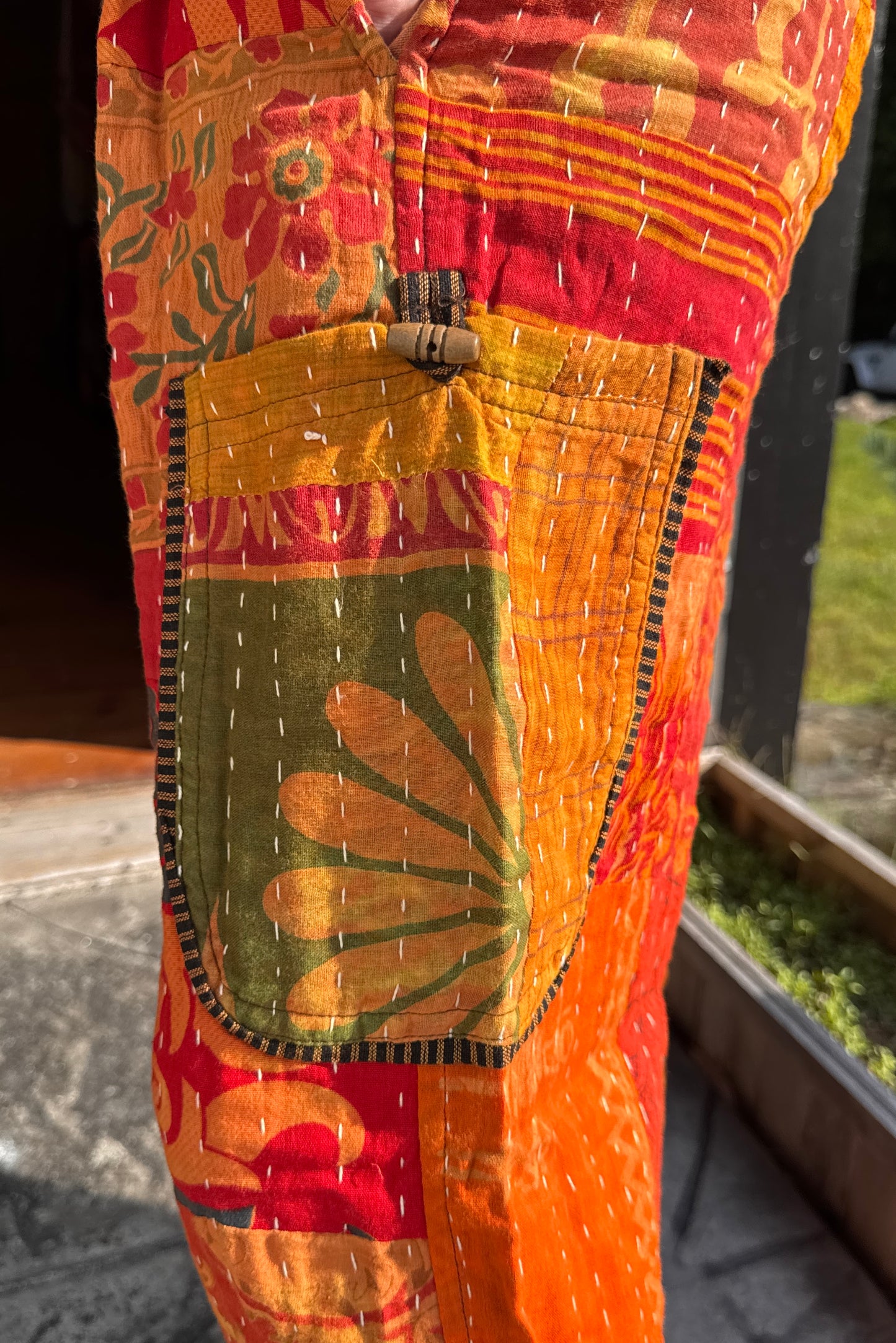 Bright Orange Kantha Quilted Straight Leg Cut Pants
