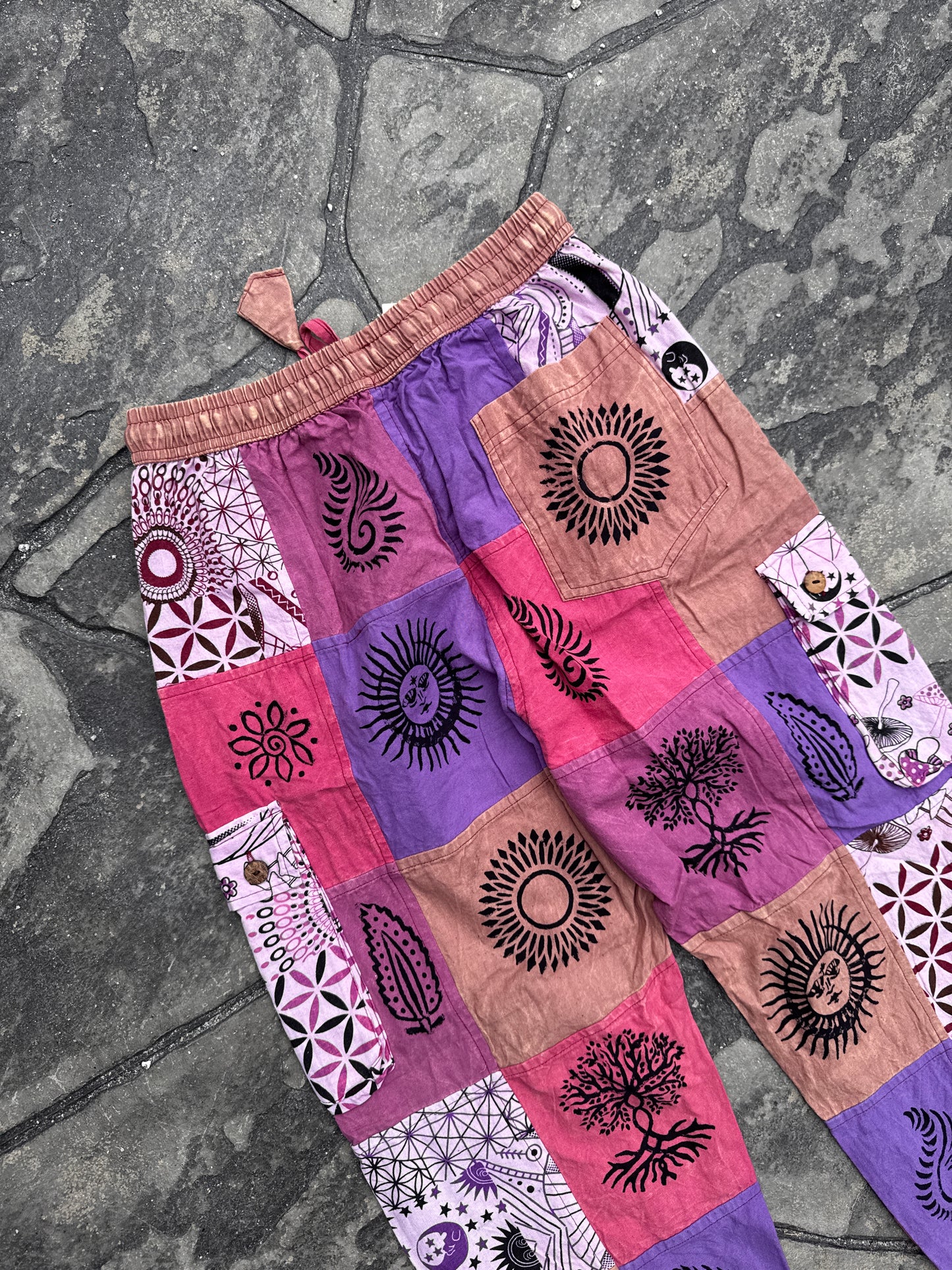 Multi-Purple & Pink Patch Joggers w/ Waist Tie