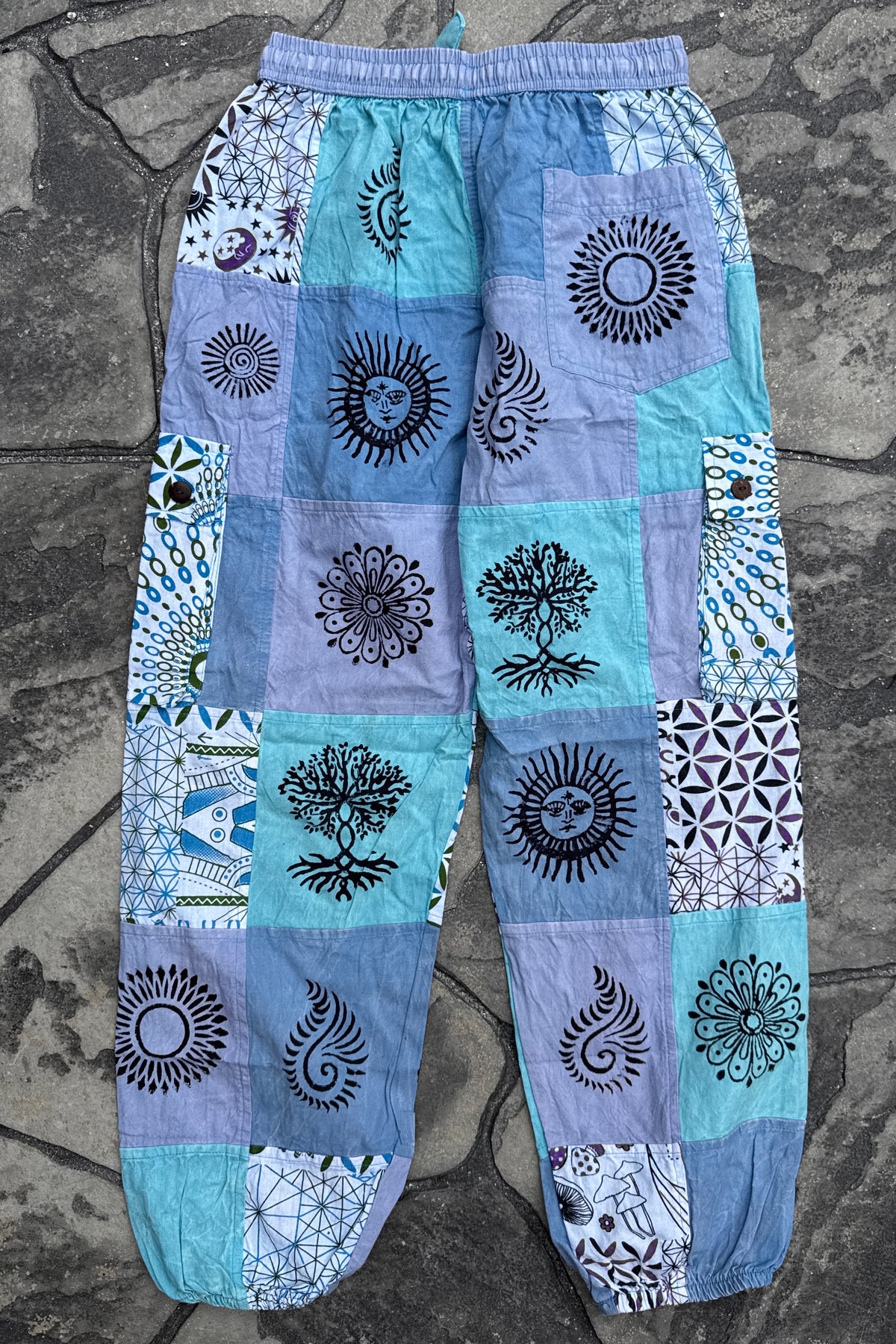 Blue Patchwork Joggers w/ Waist Tie