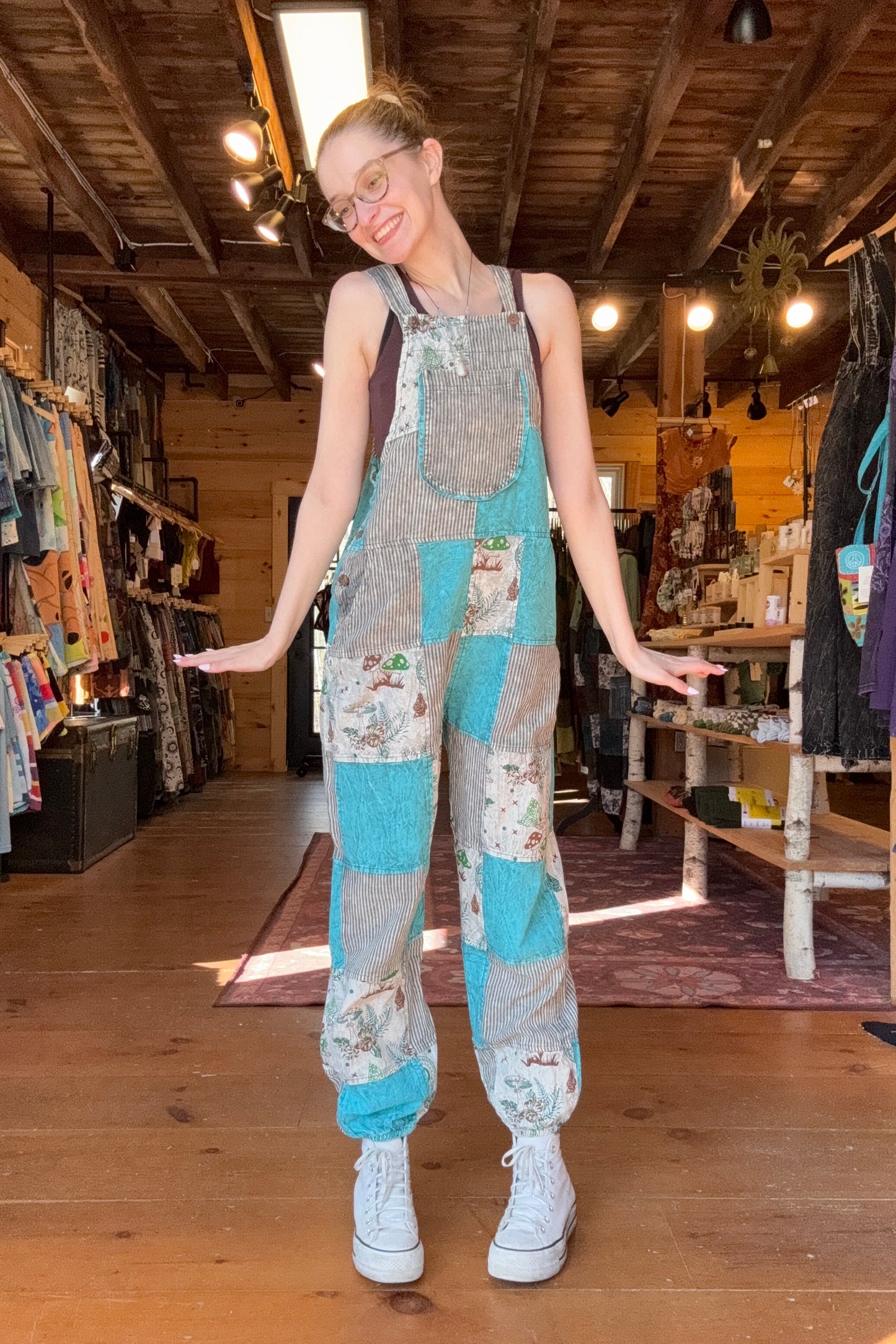 Blue and Stripe Patchwork Overalls w/ Mushrooms