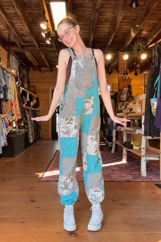 Blue and Stripe Patchwork Overalls w/ Mushrooms