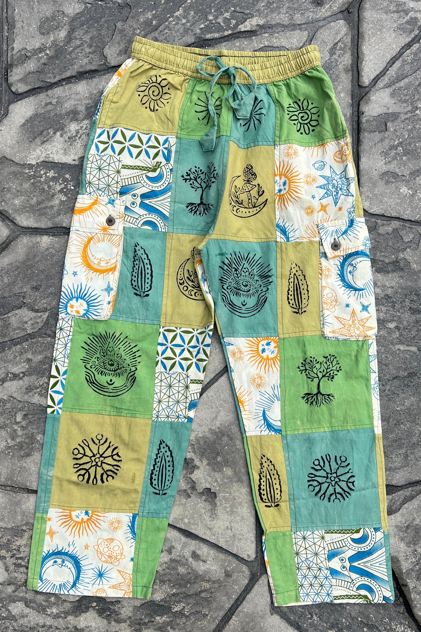 Multi Green Patchwork Block Print Pant