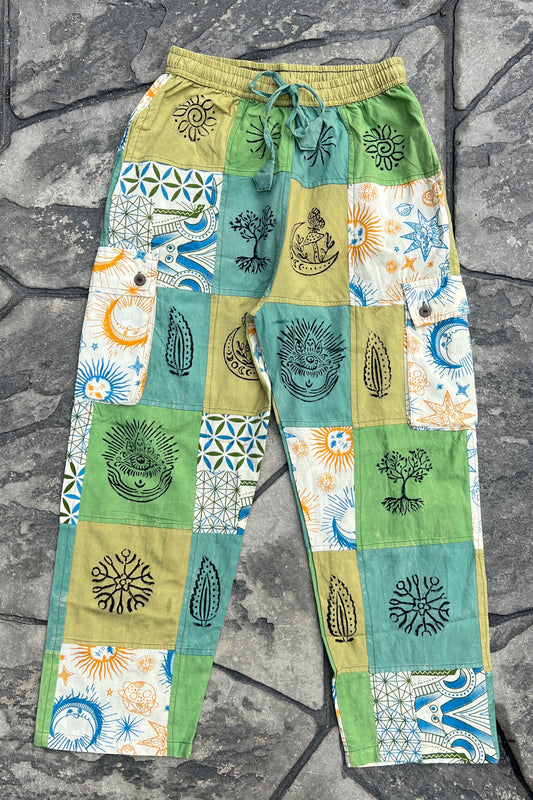 Multi Green Patchwork Block Print Pant
