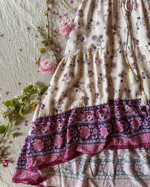 Purple Petal Print High-Low Skirt w/ Waist Tie