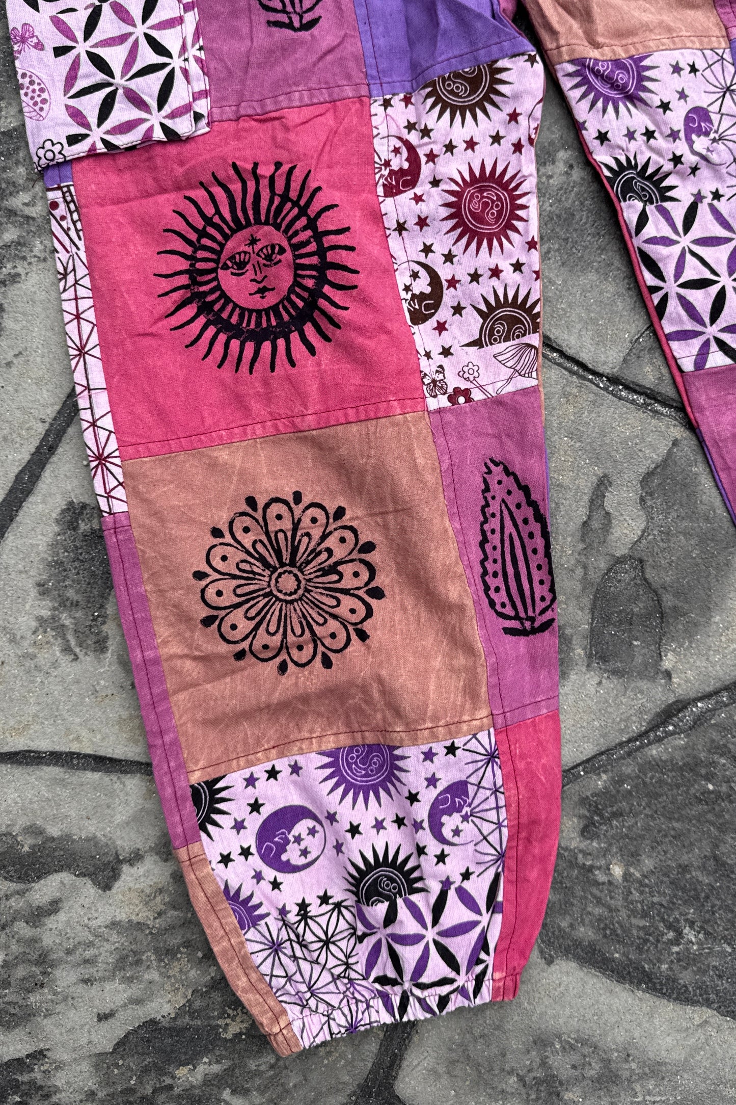 Multi-Purple & Pink Patch Joggers w/ Waist Tie