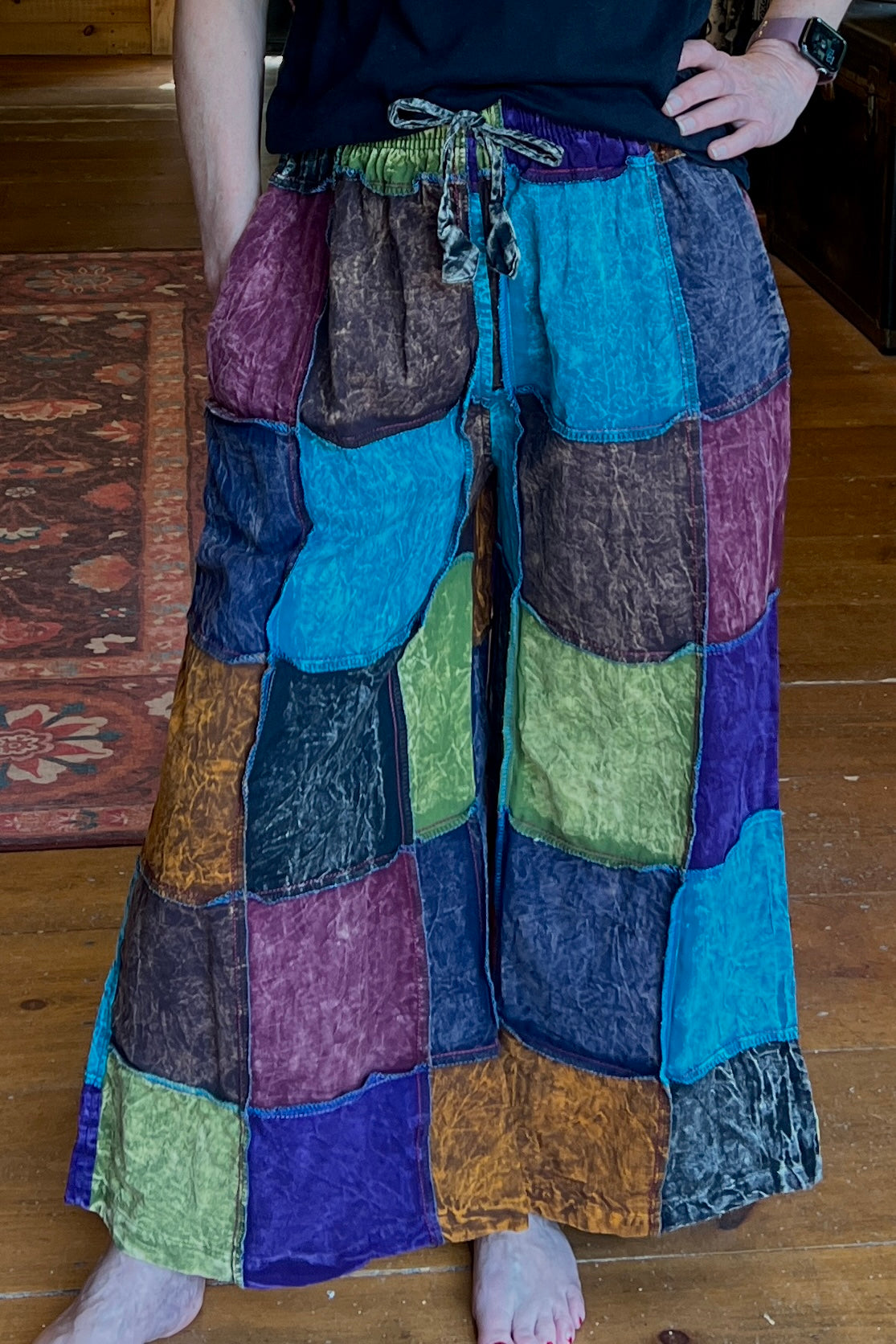 Multi-Color Patchwork Stonewash Wide Leg Pant