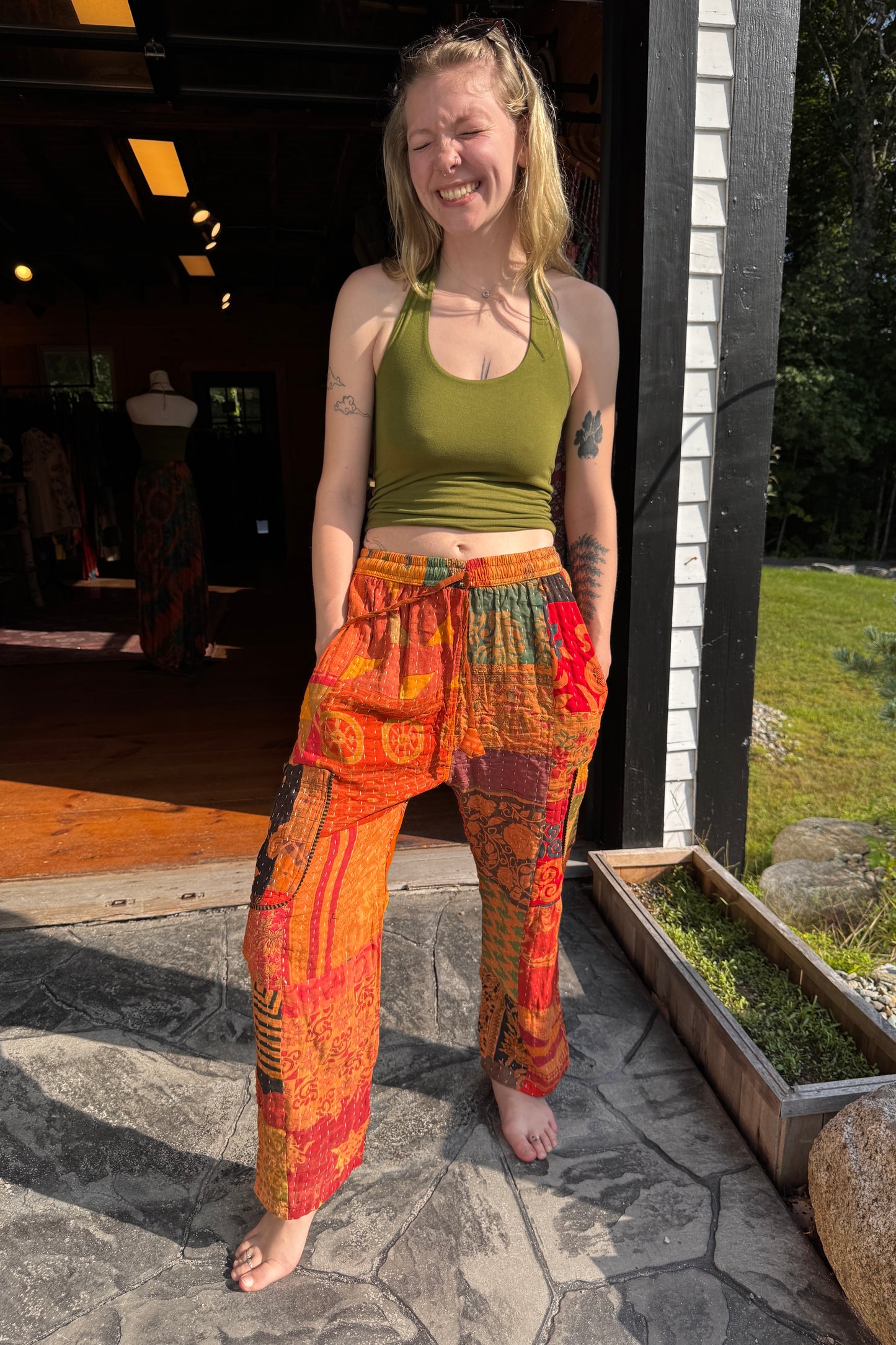 Bright Orange Kantha Quilted Straight Leg Cut Pants