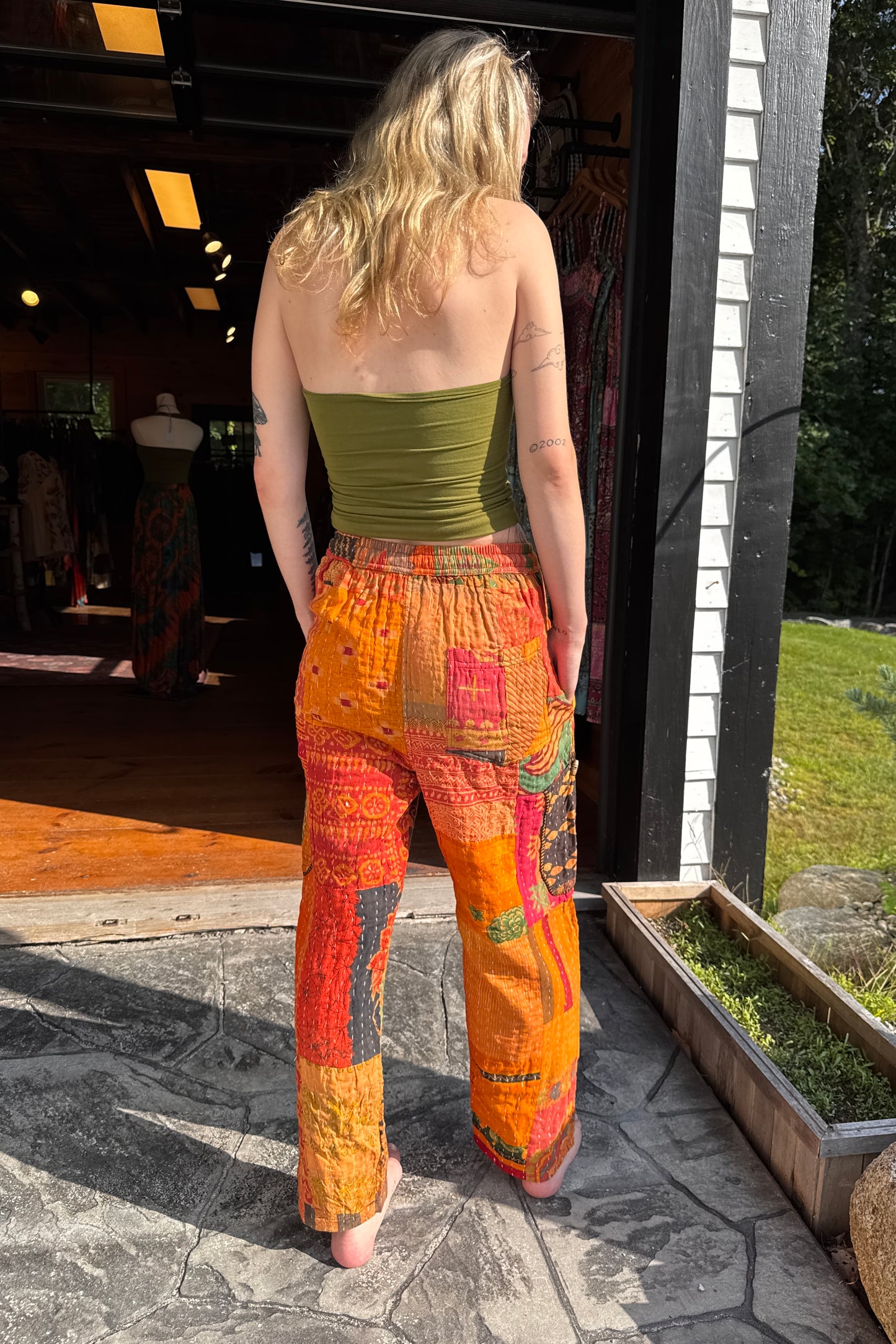 Bright Orange Kantha Quilted Straight Leg Cut Pants