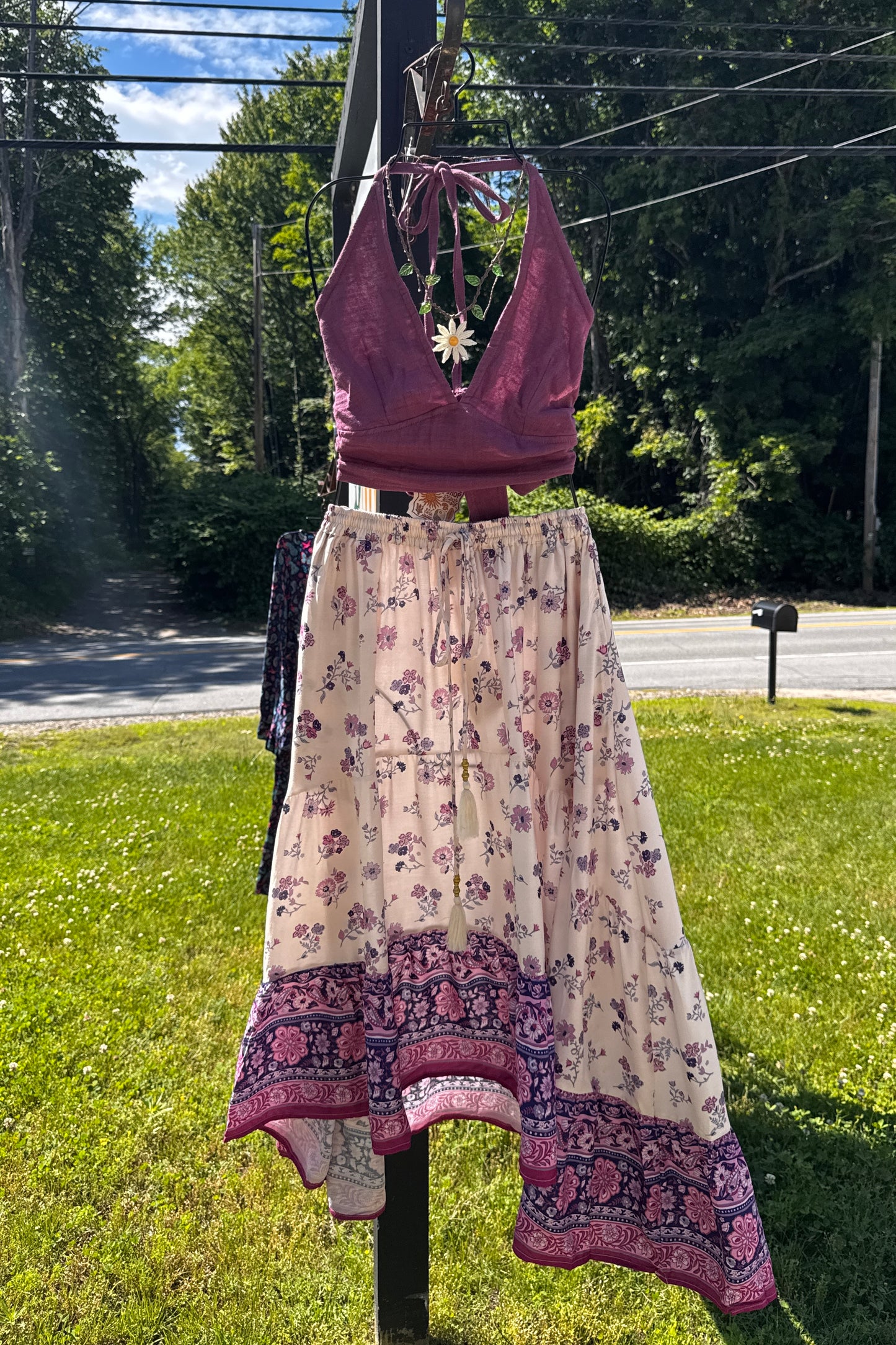 Purple Petal Print High-Low Skirt w/ Waist Tie