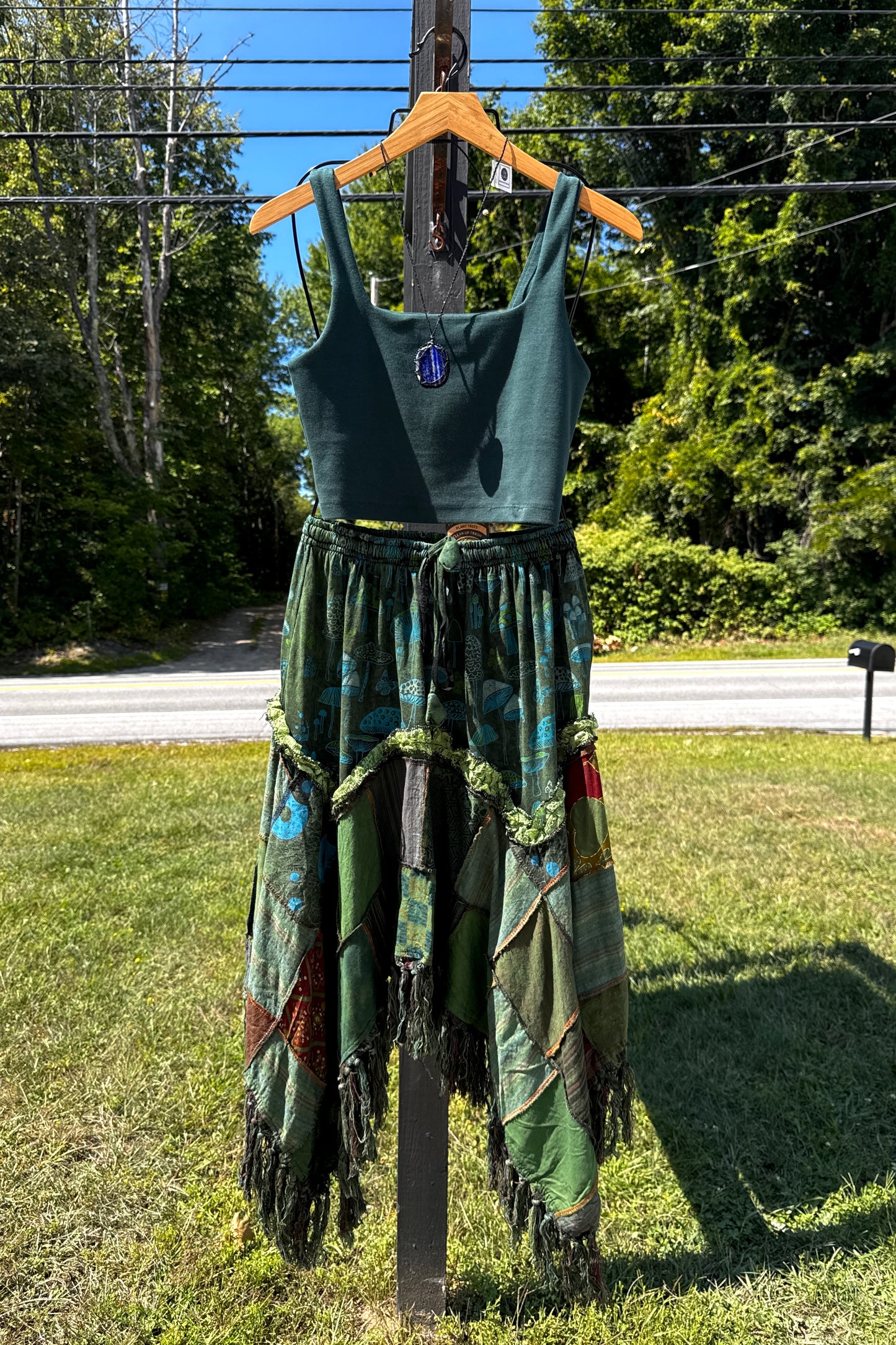 Jagged Edge Patchwork Skirt w/ Mushroom Print in Blue