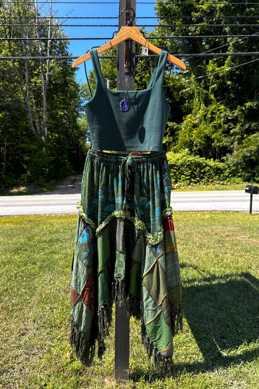 Jagged Edge Patchwork Skirt w/ Mushroom Print in Blue