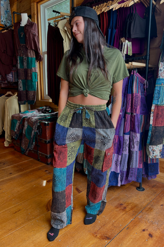 Stonewash Block Print Cargo Trousers