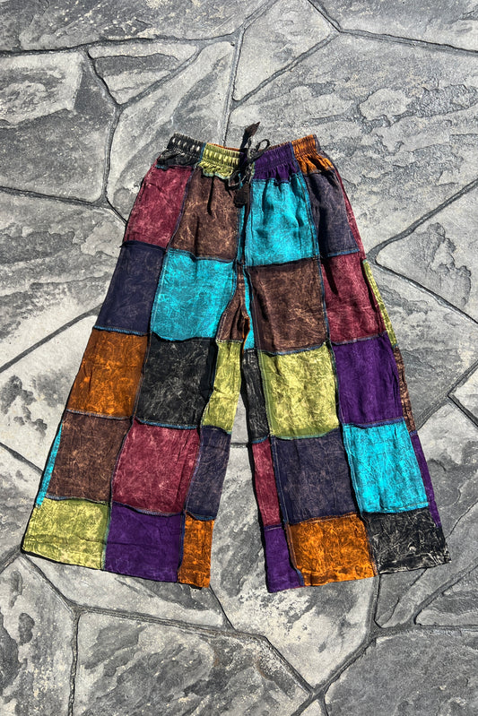 Multi-Color Patchwork Stonewash Wide Leg Pant