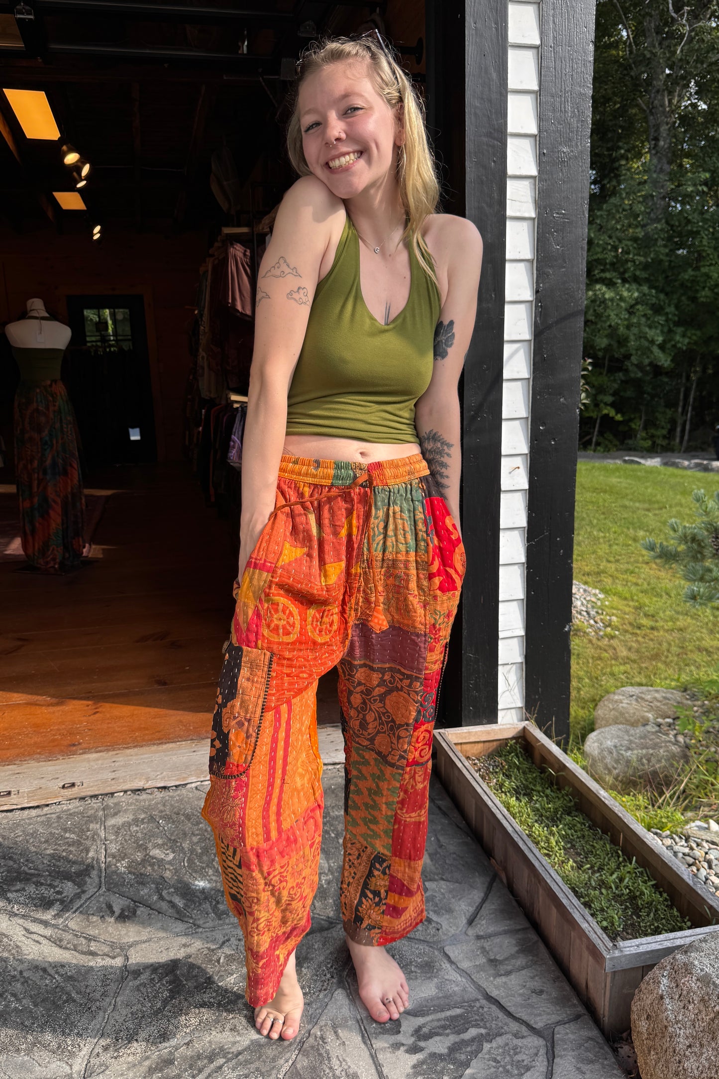 Bright Orange Kantha Quilted Straight Leg Cut Pants