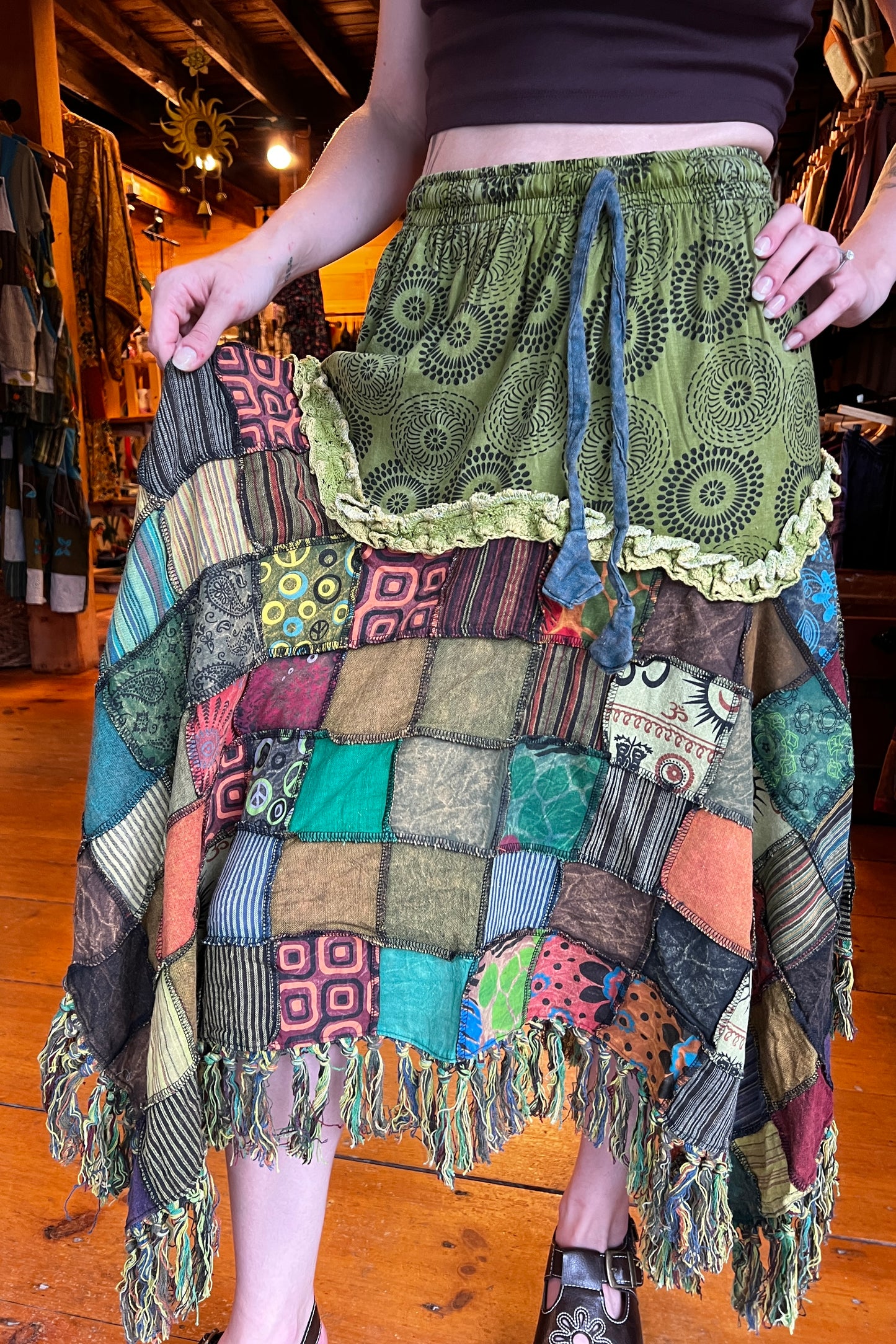 Jagged Hem Patchwork Skirt in Green