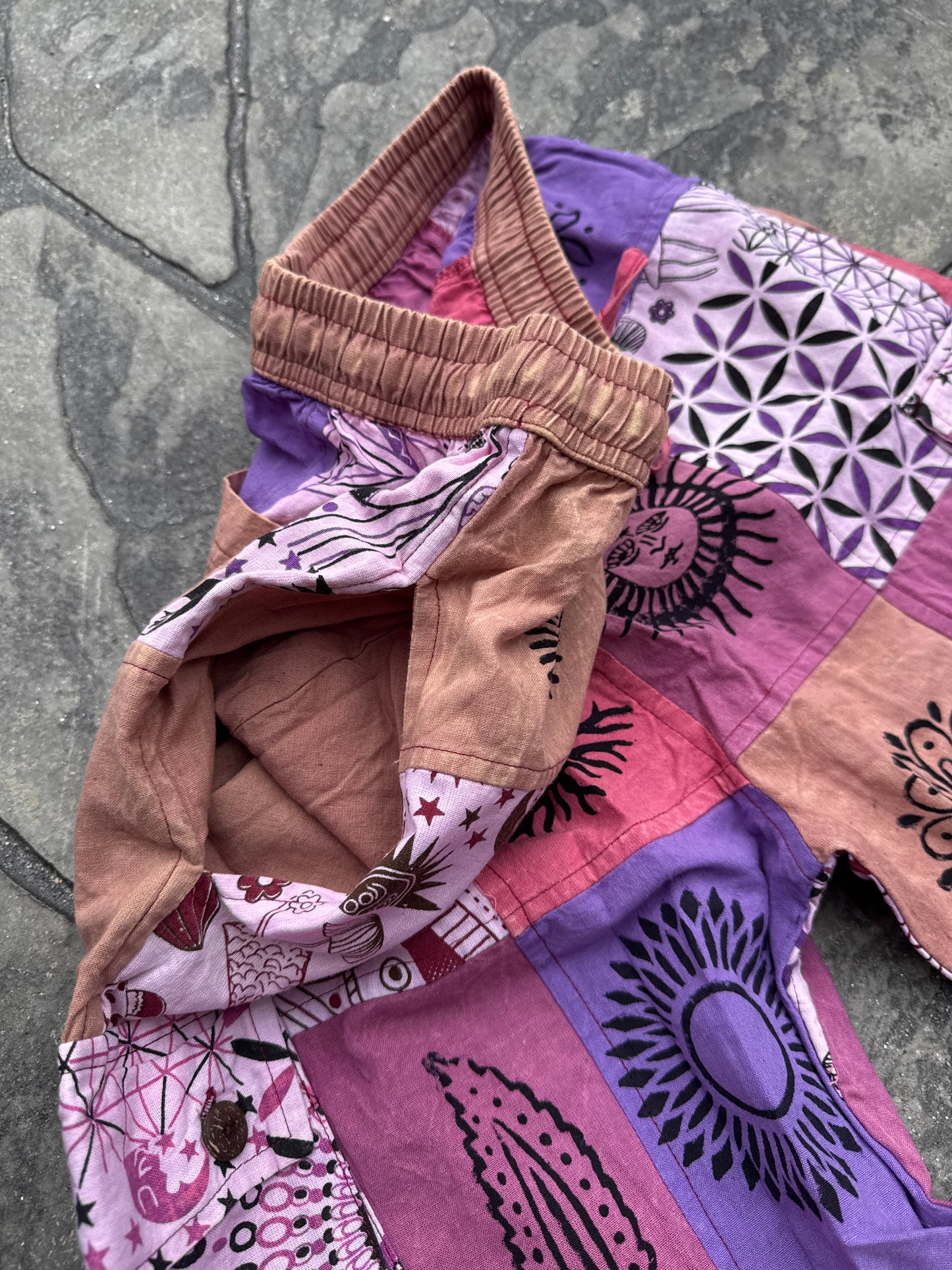 Multi-Purple & Pink Patch Joggers w/ Waist Tie