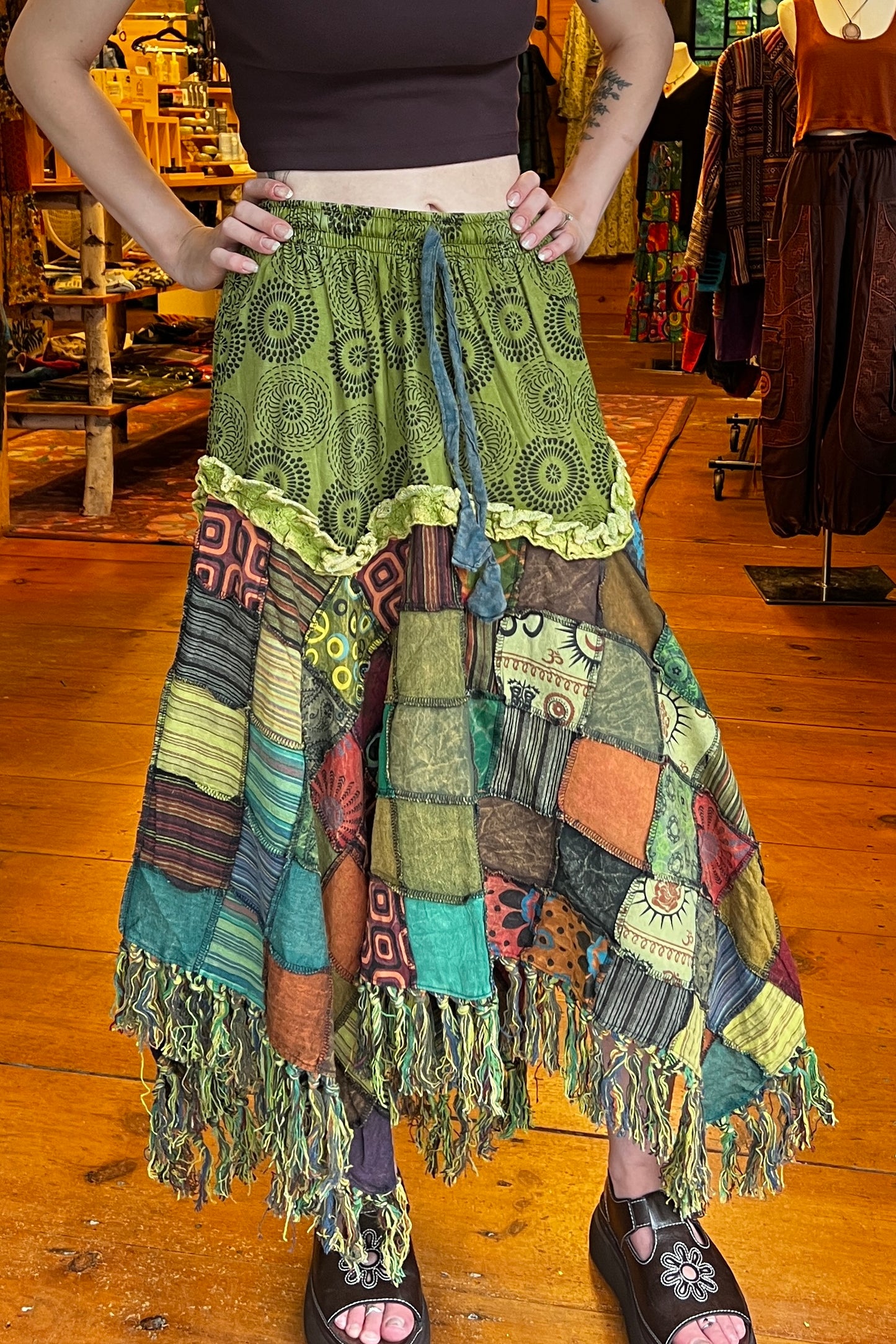 Jagged Hem Patchwork Skirt in Green