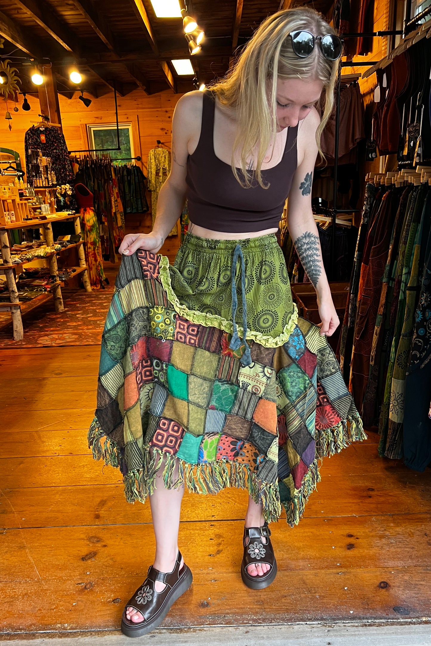 Jagged Hem Patchwork Skirt in Green