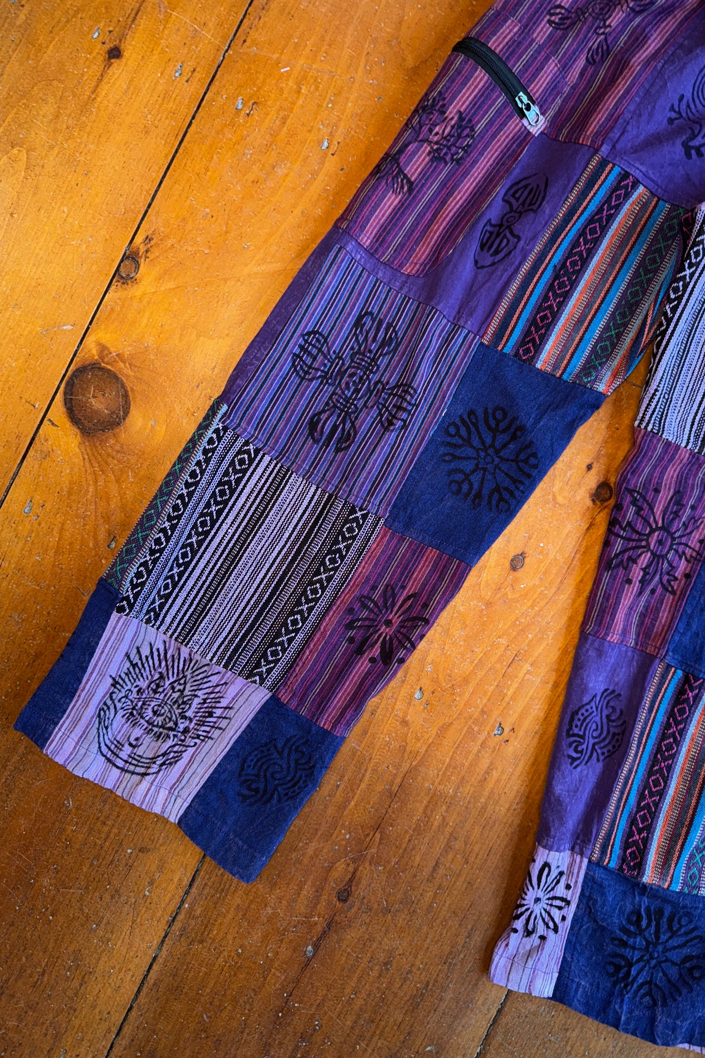 Purple Cargo Trousers w/ Block Print Design