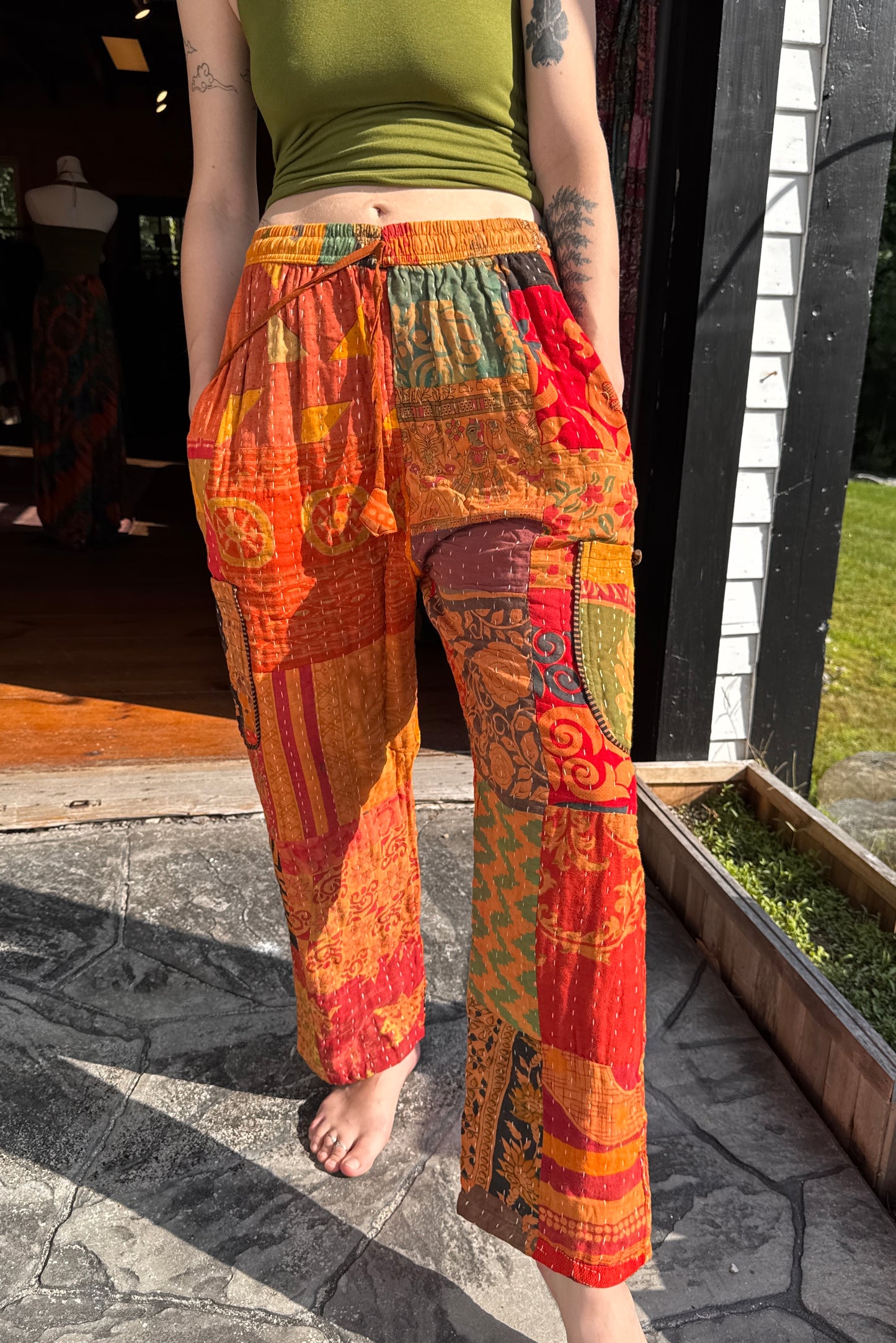 Bright Orange Kantha Quilted Straight Leg Cut Pants