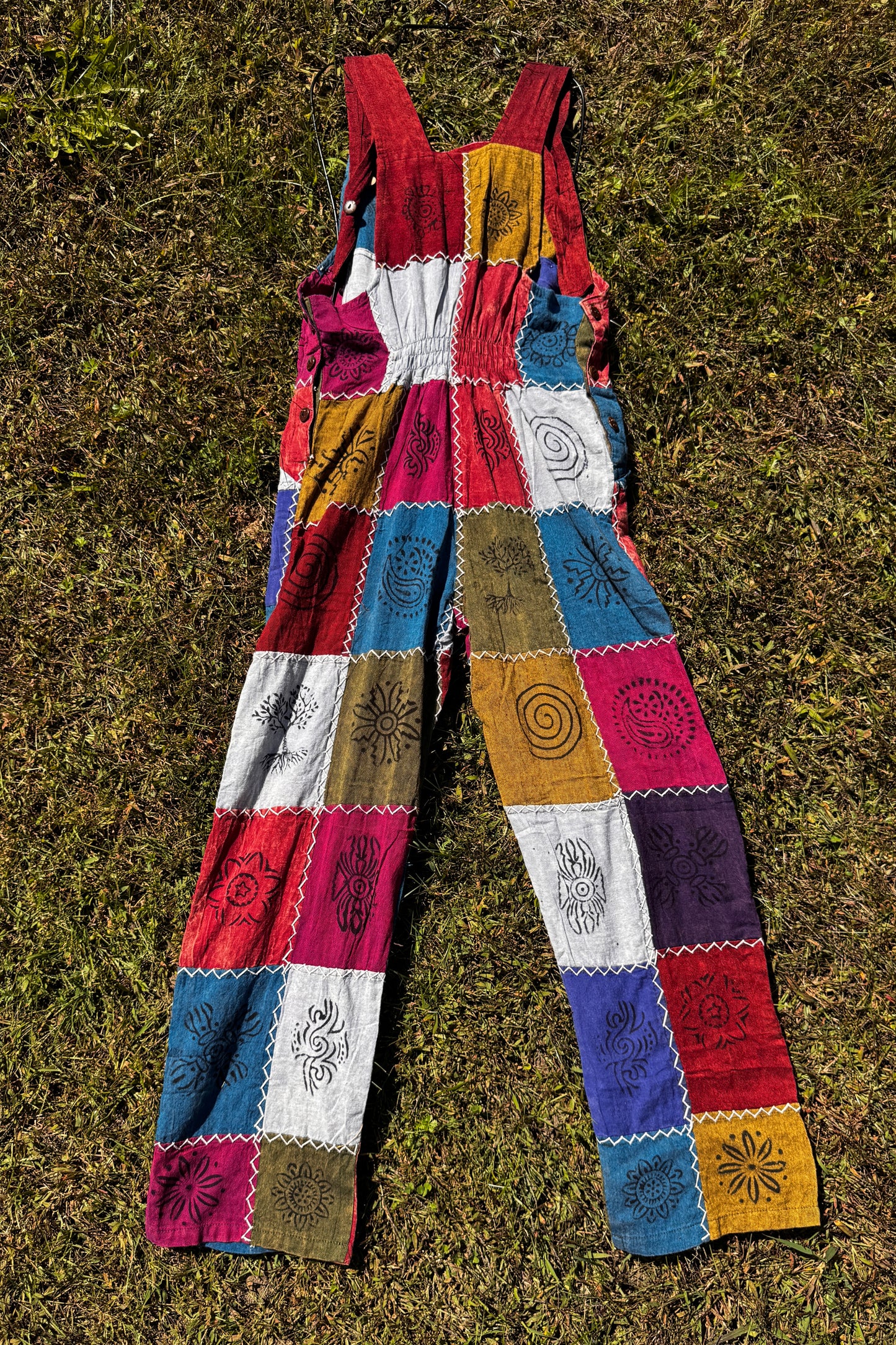 Boho Patchwork Overalls w/ White Stitching