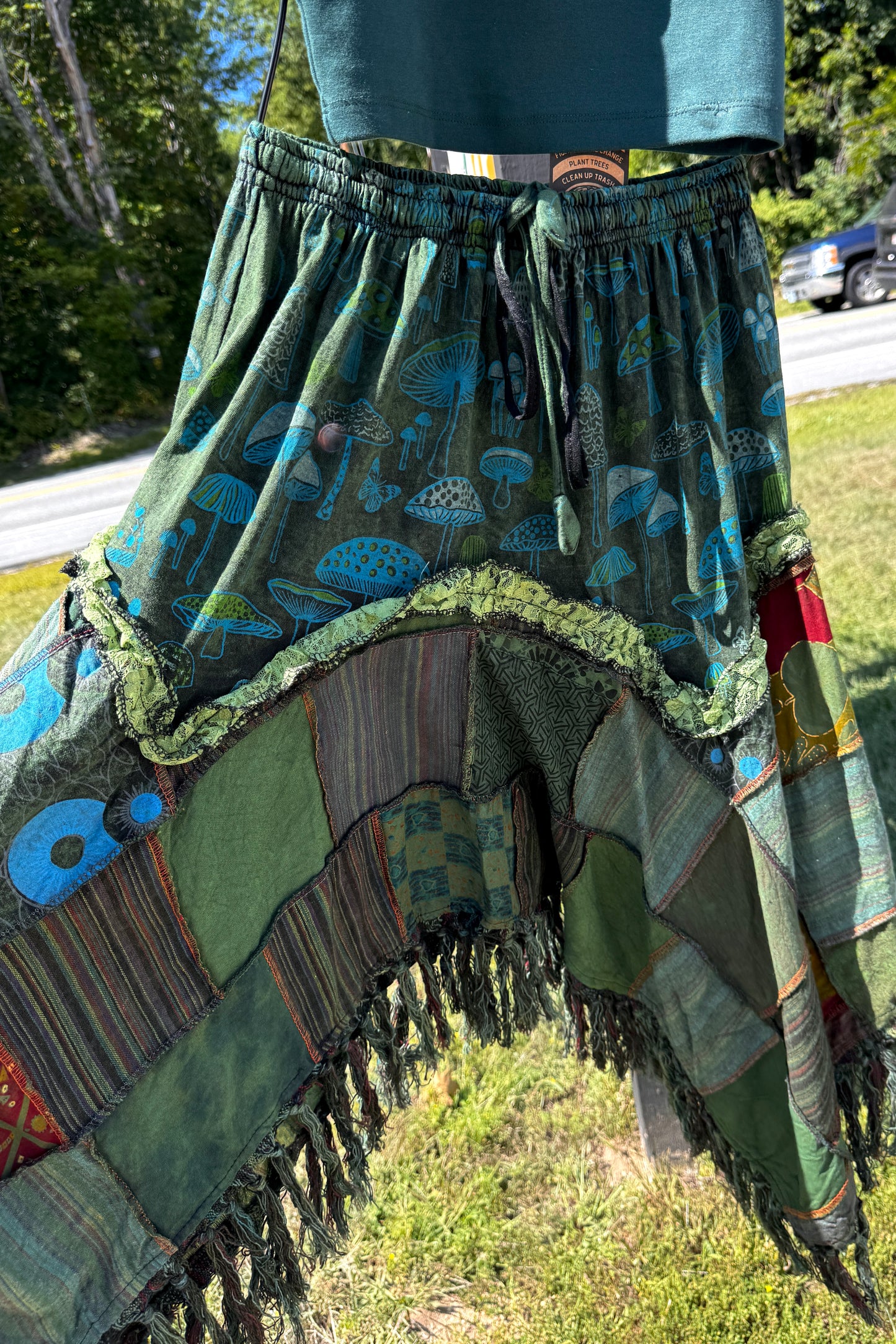 Jagged Edge Patchwork Skirt w/ Mushroom Print in Blue