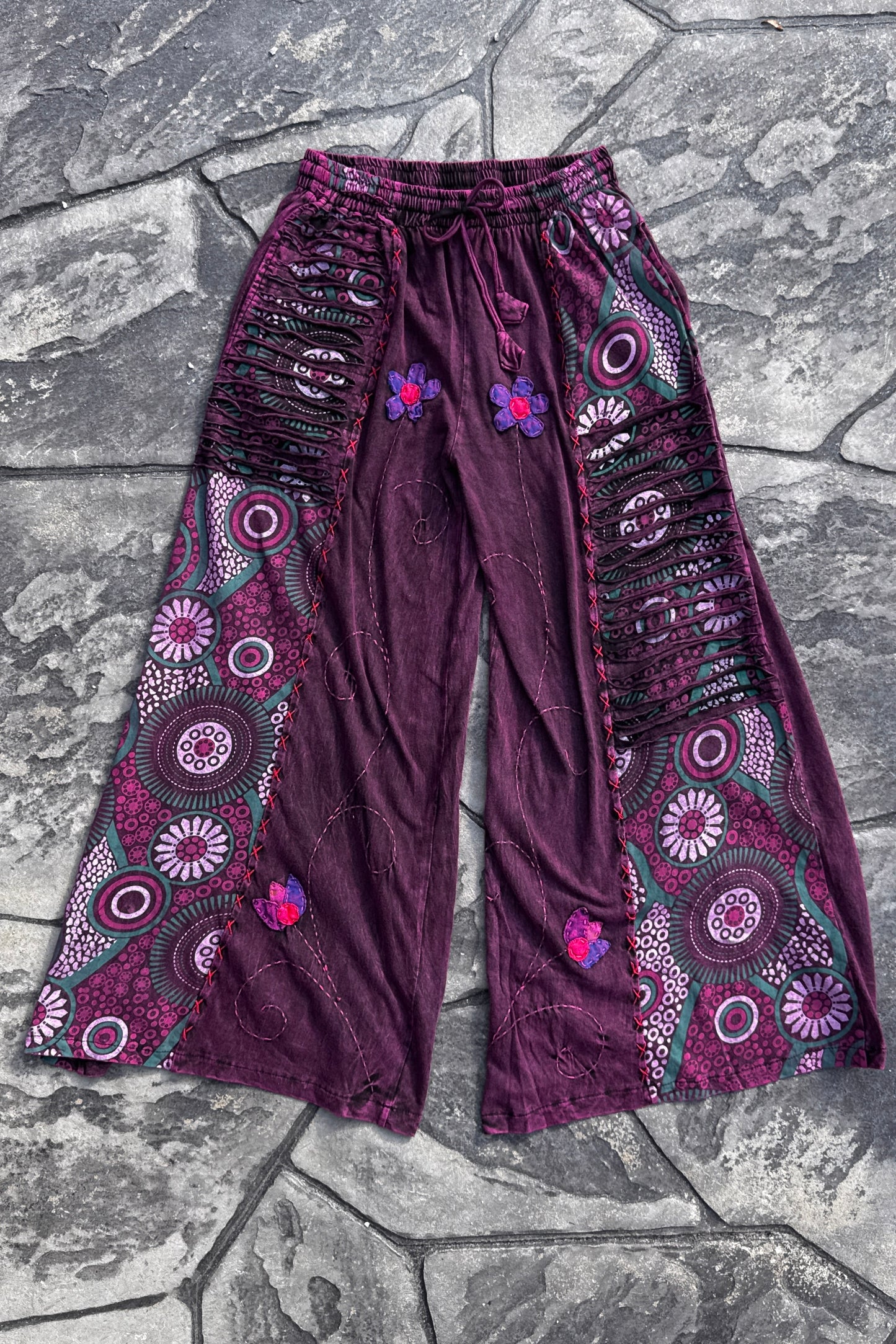 Ultra Wide Leg Floral Embroidered Pants in Purple