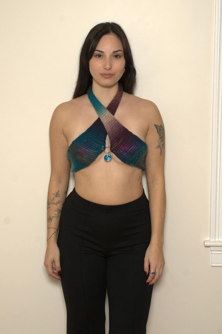 Purple & Teal Criss Cross Halter Top w/ Charm Detail