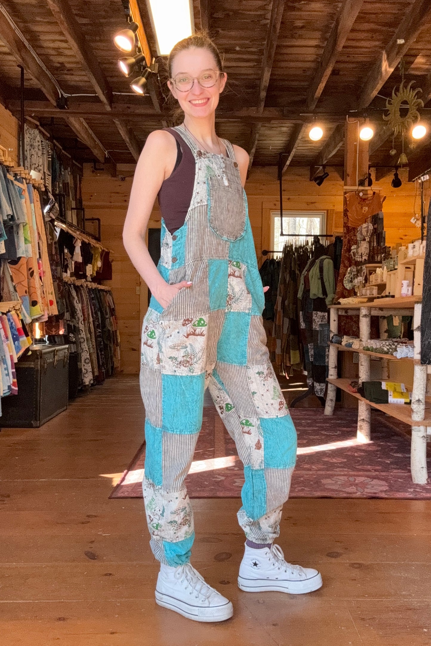 Blue and Stripe Patchwork Overalls w/ Mushrooms