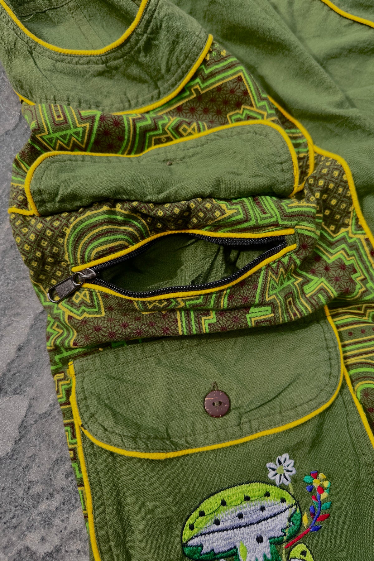 Embroidered Mushroom Baggy Pant in Green