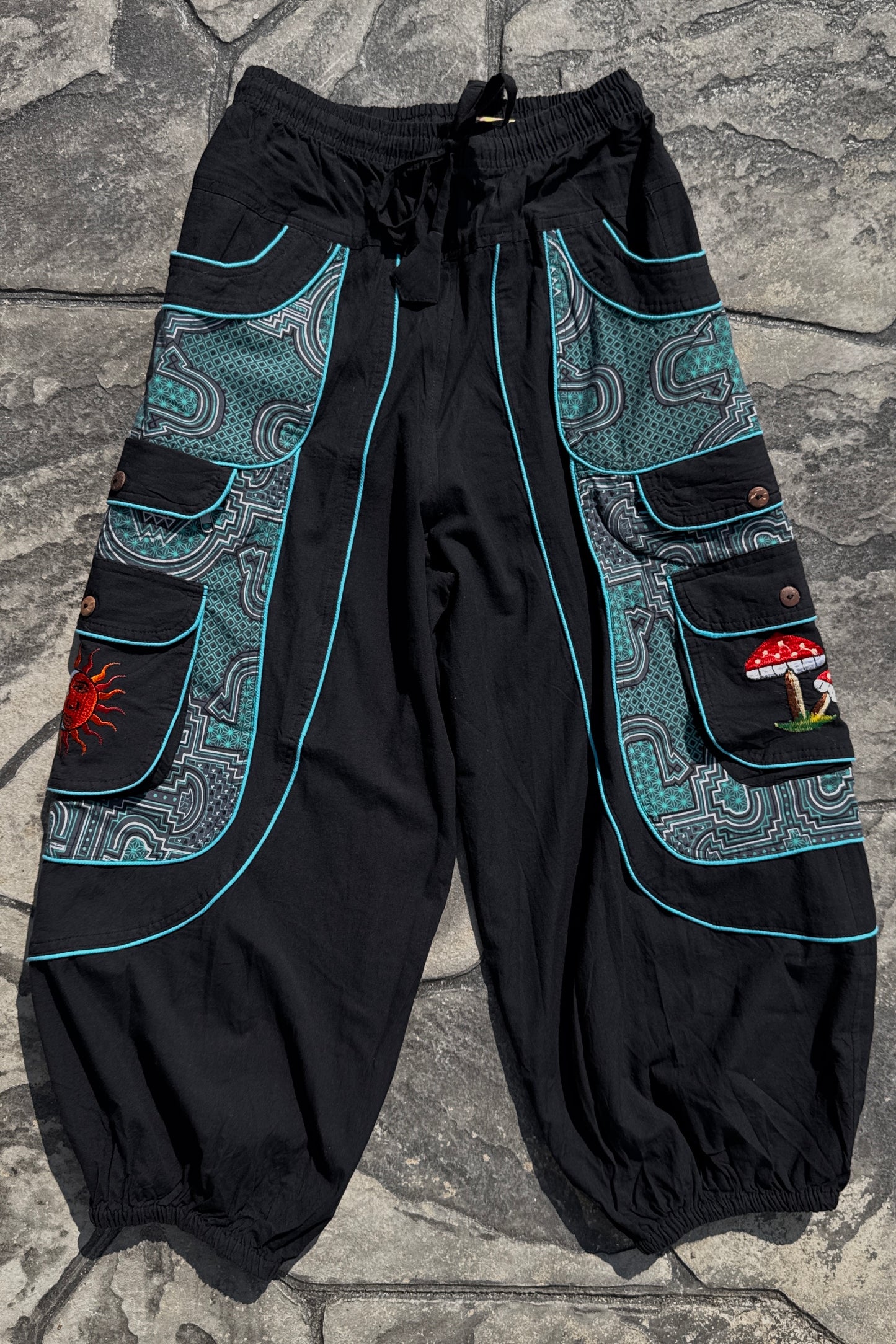 Mushroom & Sun / Moon Embroidered Detail Pocket Baggy Pants