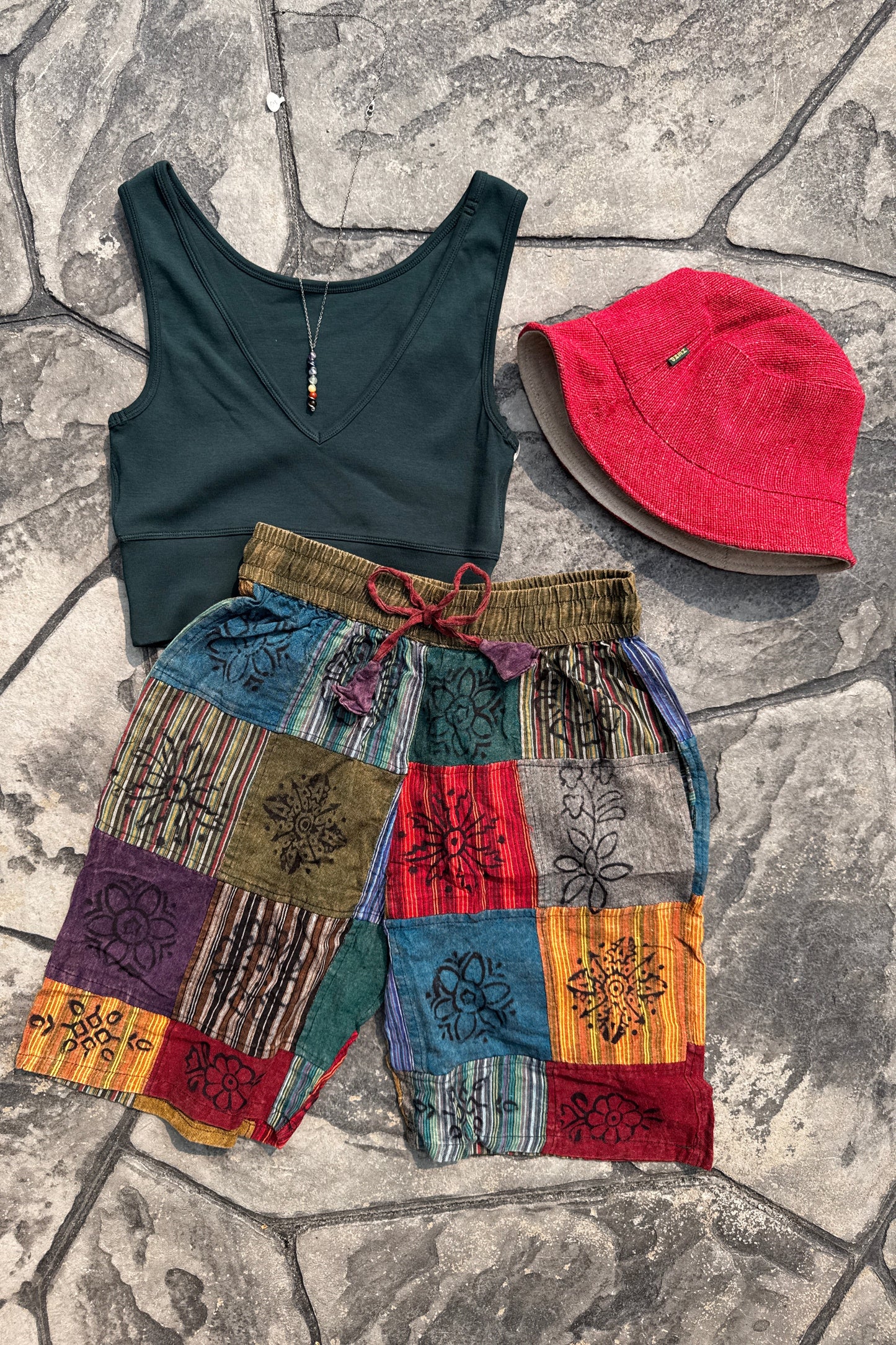Unisex Multi-Color Patch Shorts w/ Stamp Detail