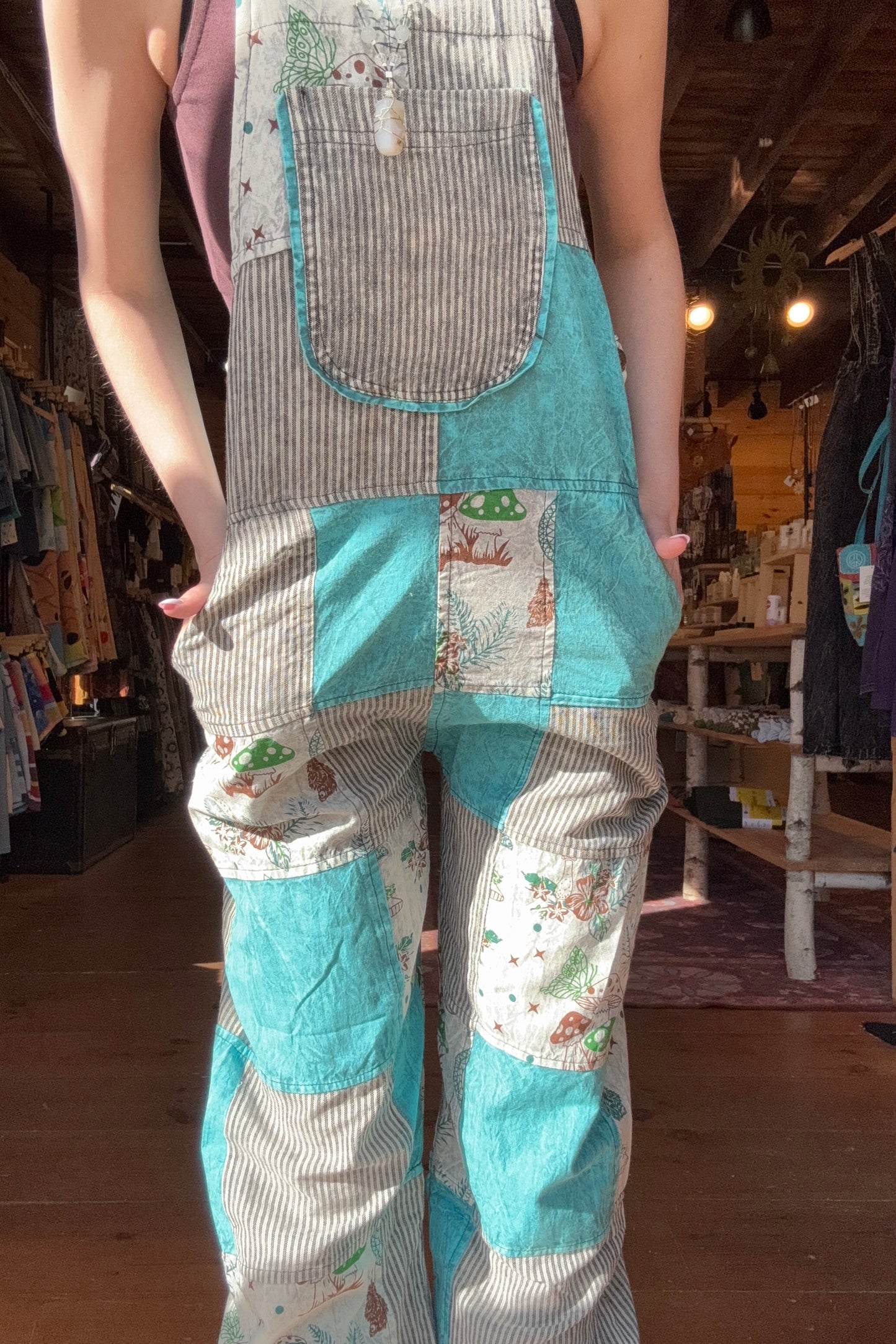 Blue and Stripe Patchwork Overalls w/ Mushrooms