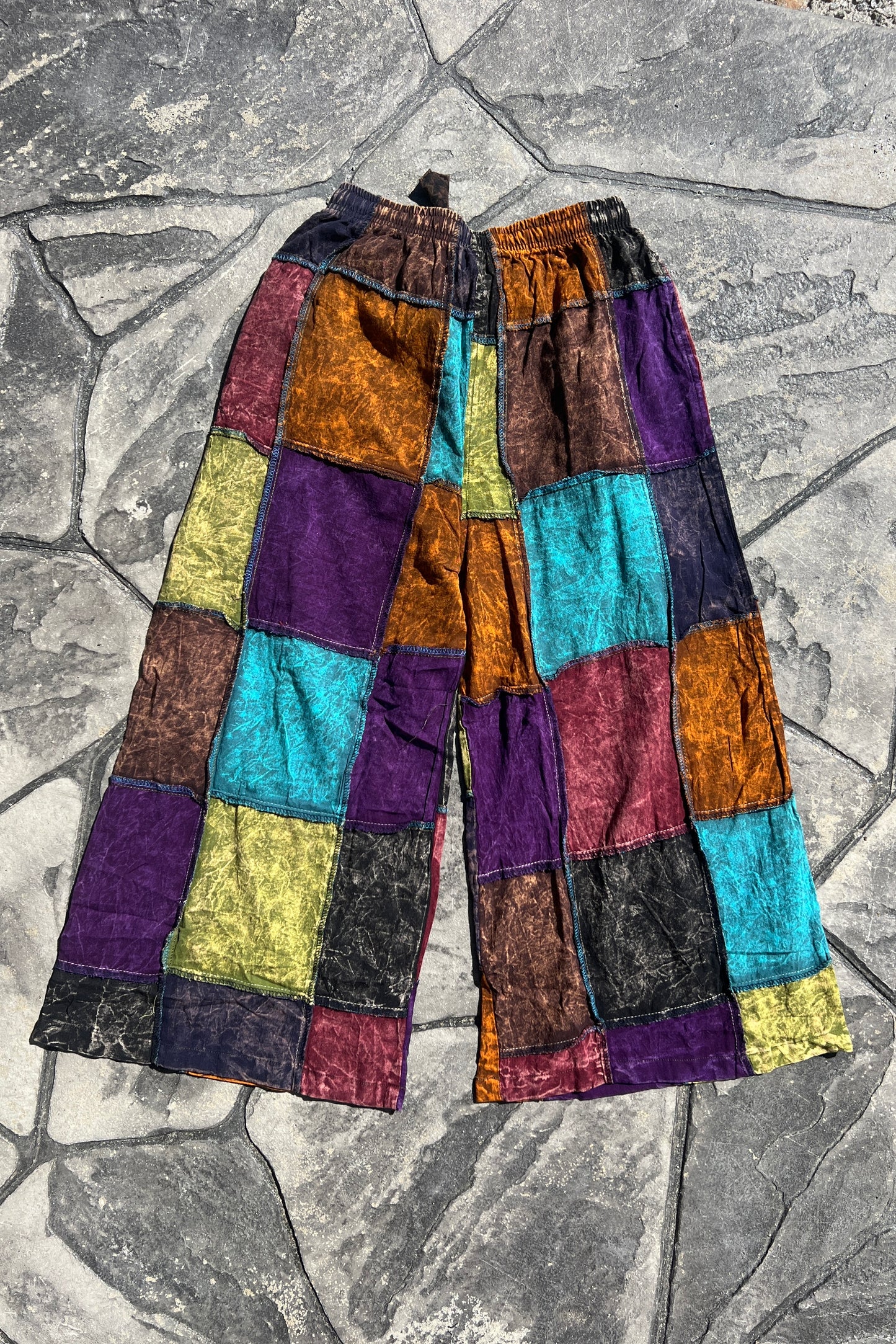 Multi-Color Patchwork Stonewash Wide Leg Pant