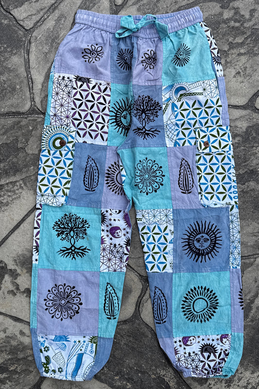 Blue Patchwork Joggers w/ Waist Tie