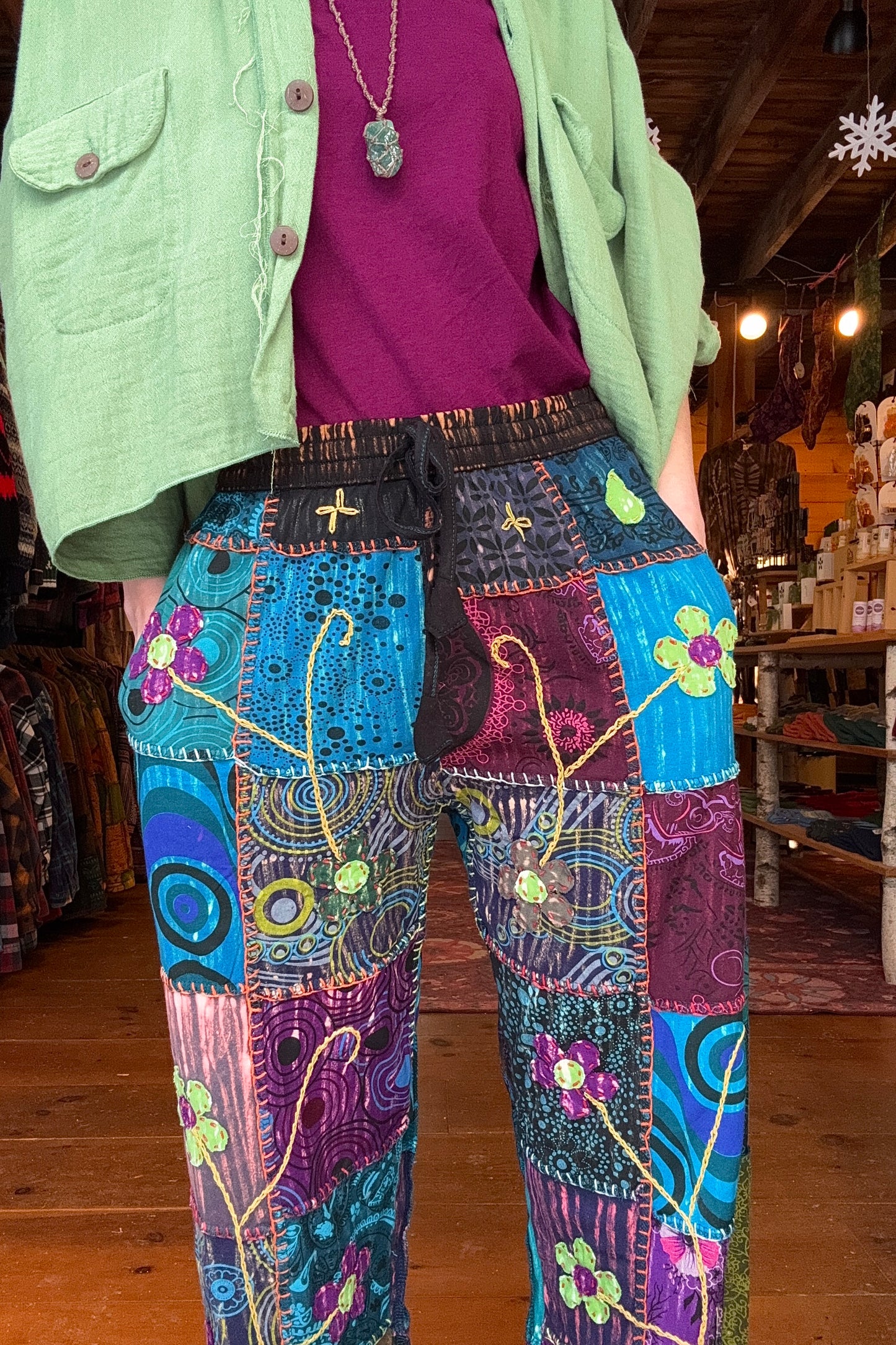 Flower Embroidered Patchwork Trousers