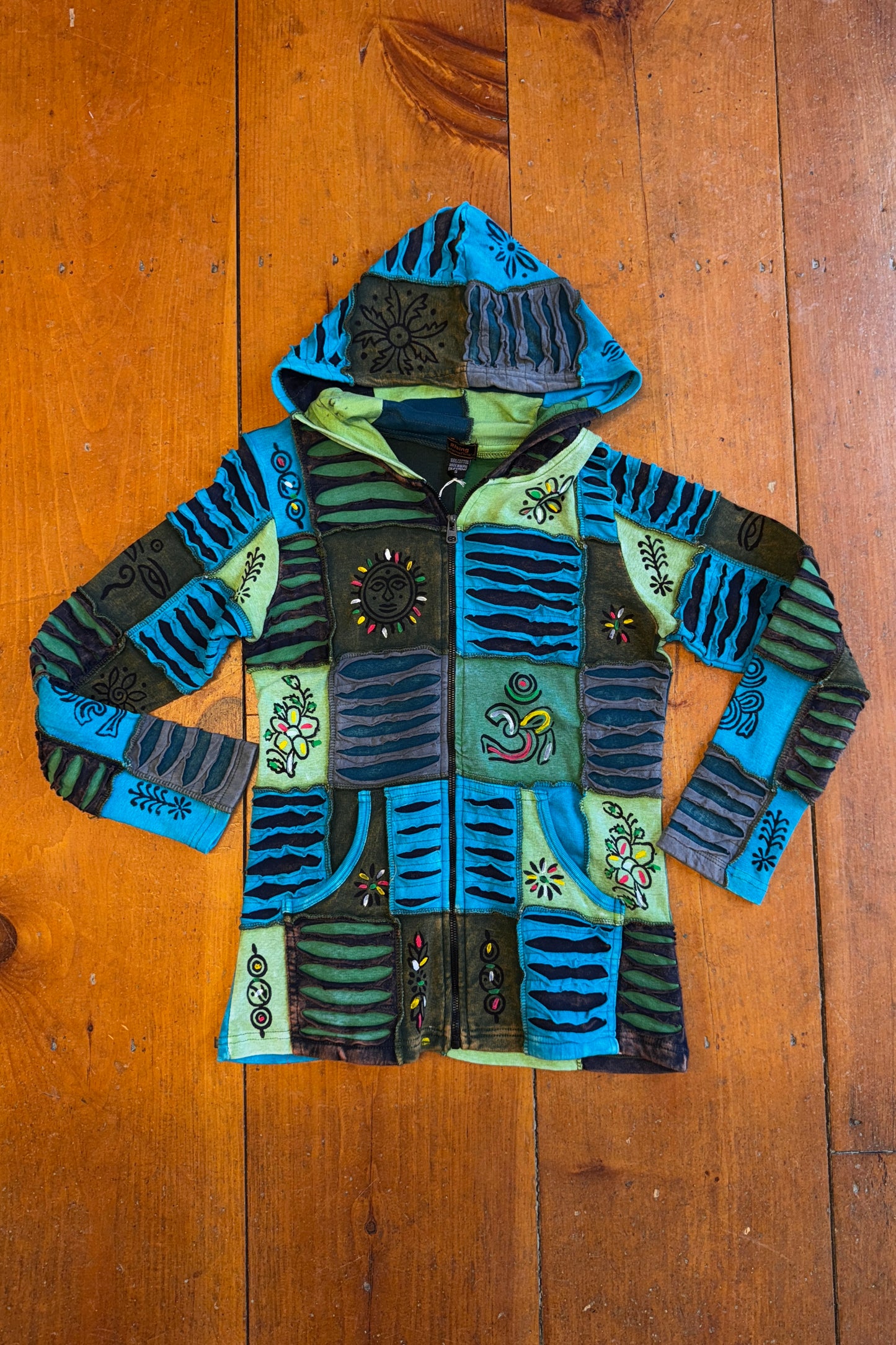 LAST CALL SIZE S | Razor Cut Detail Multi-Patch Cotton Zip-Up Jacket in Blue and Green