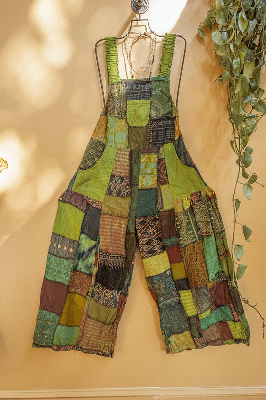 Recycled Patchwork Overalls with Elastic Waist