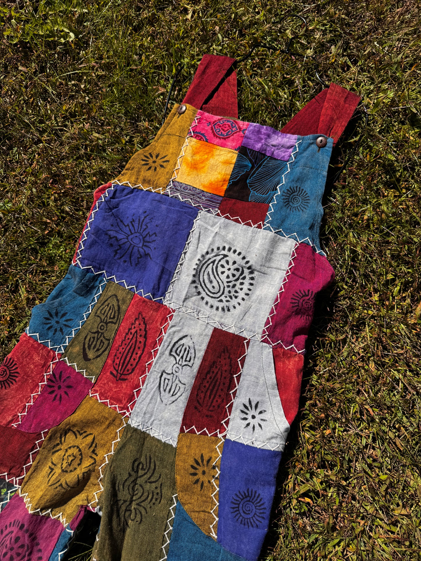 Boho Patchwork Overalls w/ White Stitching