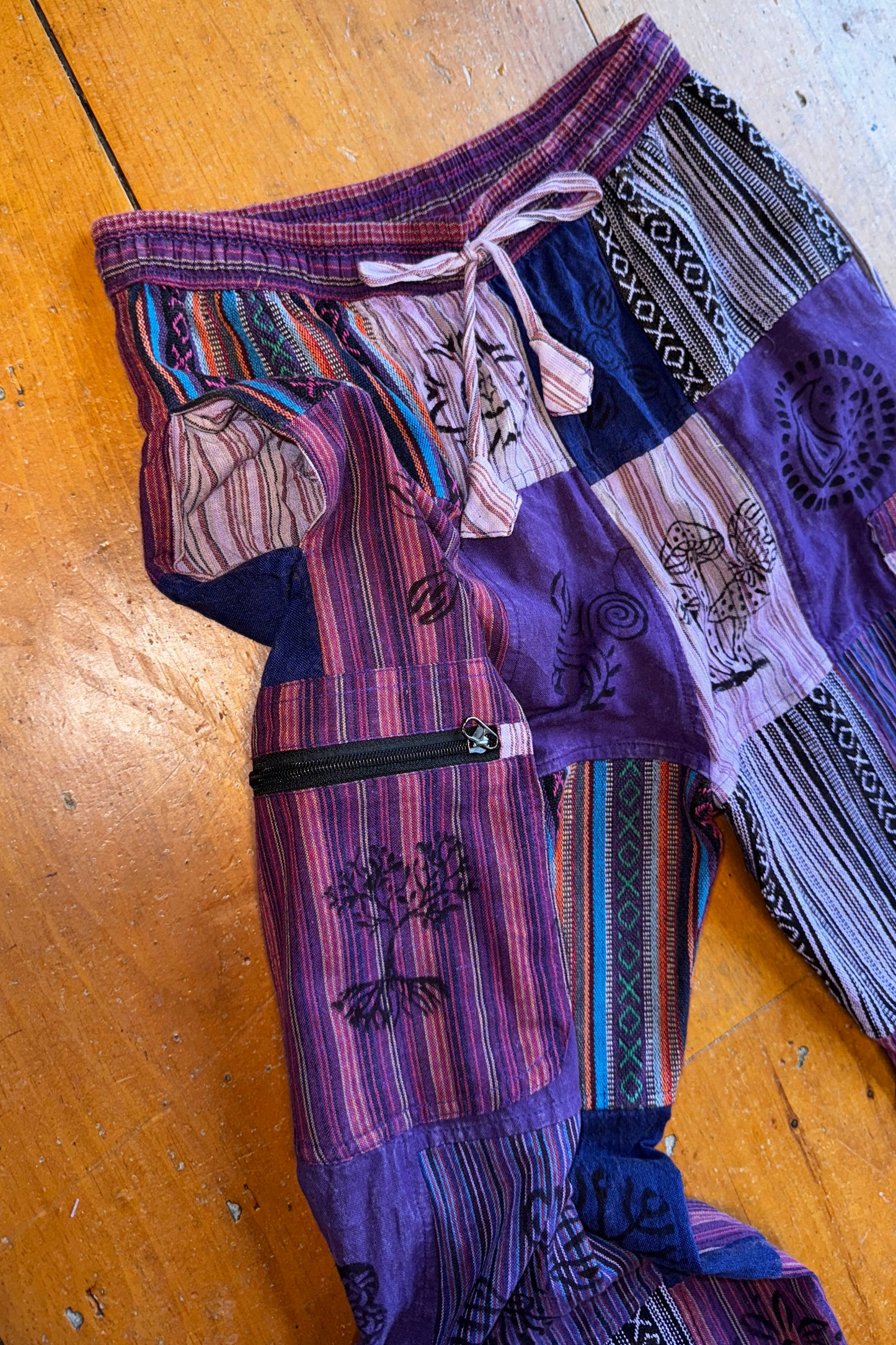 Purple Cargo Trousers w/ Block Print Design